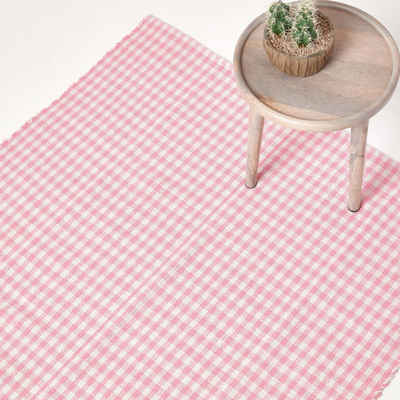 Teppich Pink-weiß karierter handgewebter Teppich aus Baumwolle, 60 x 90 cm, Homescapes, Höhe: 20 mm
