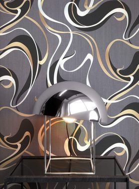 Newroom Vliestapete, Grau Tapete Grafisch Linen - Mustertapete Silber Gold Modern Geschwungen für Wohnzimmer Schlafzimmer Küche