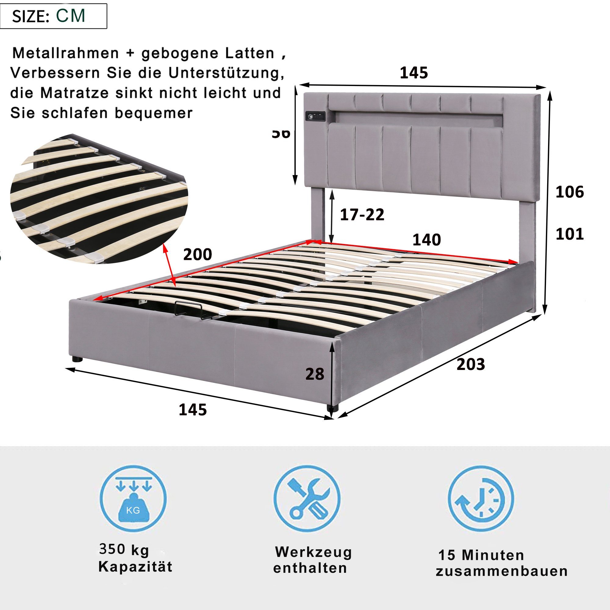 Polsterbett (2-tlg), und Doppelbett Bluetooth-Player Grau Samt USB-Aufladung, Bezug Bettkasten mit mit Hydraulisches Merax Polsterbett, 140x200cm | LED-Beleuchtung, Grau