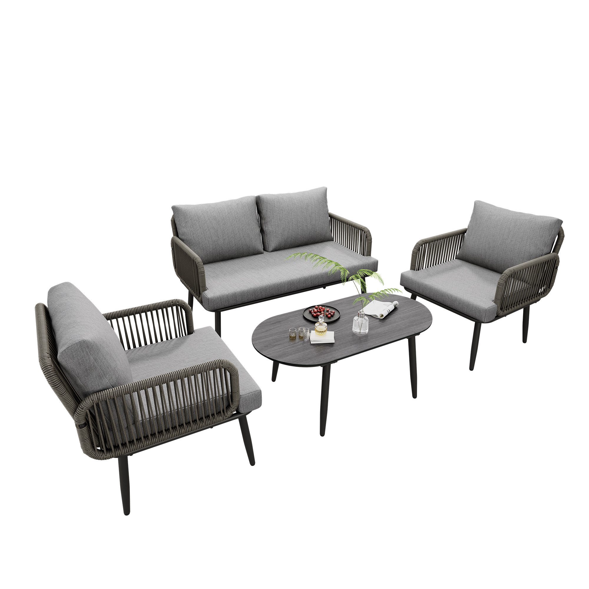 Odikalo Gartenlounge-Set Gartenmöbel 2-Sitzer-Sofa Geflecht Sessel Couchtisch Stahl Stühle Grau