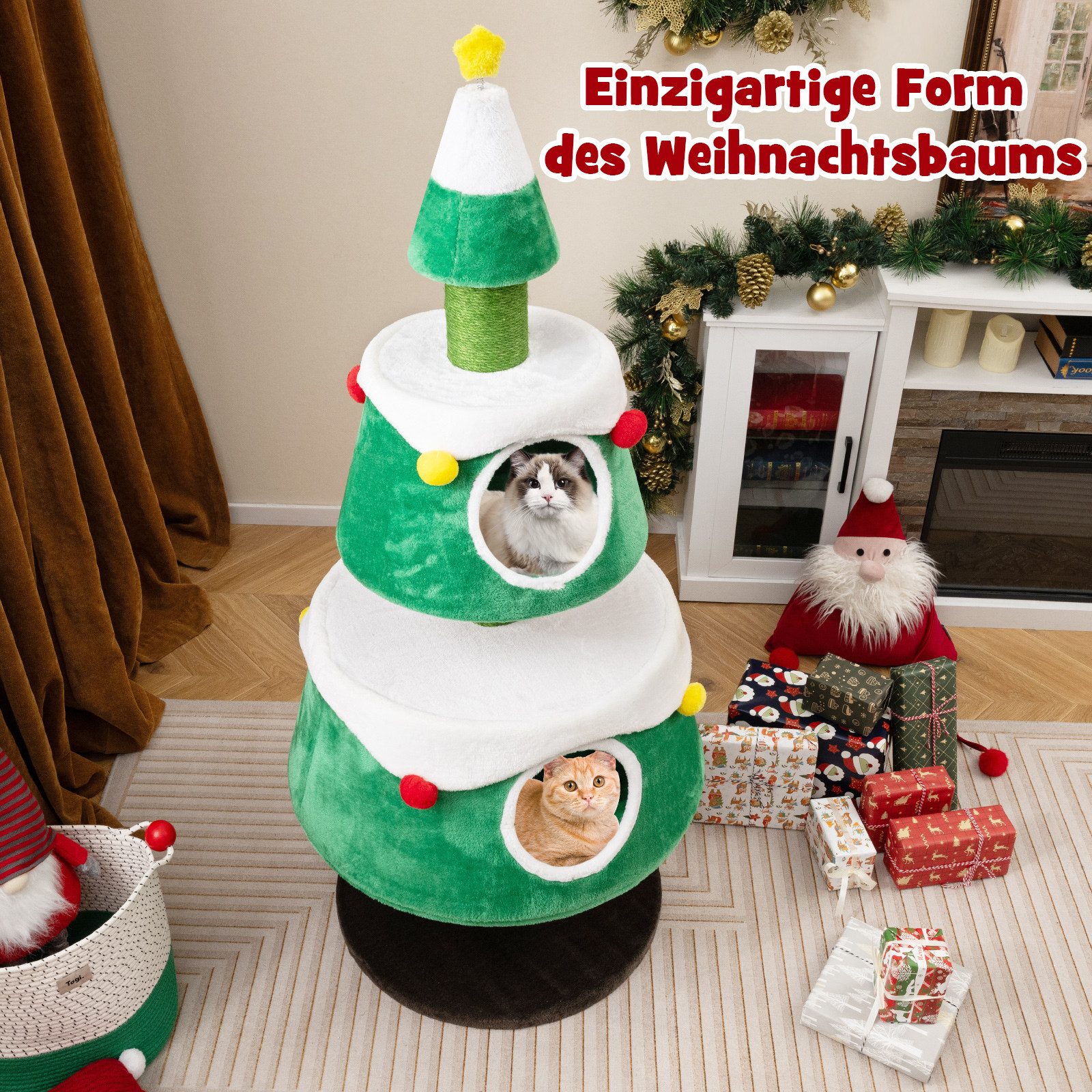 KOMFOTTEU Kratzbaum, Katzenbaum Weihnachten, mit 2 Höhlen & Kratzsäulen aus Sisal