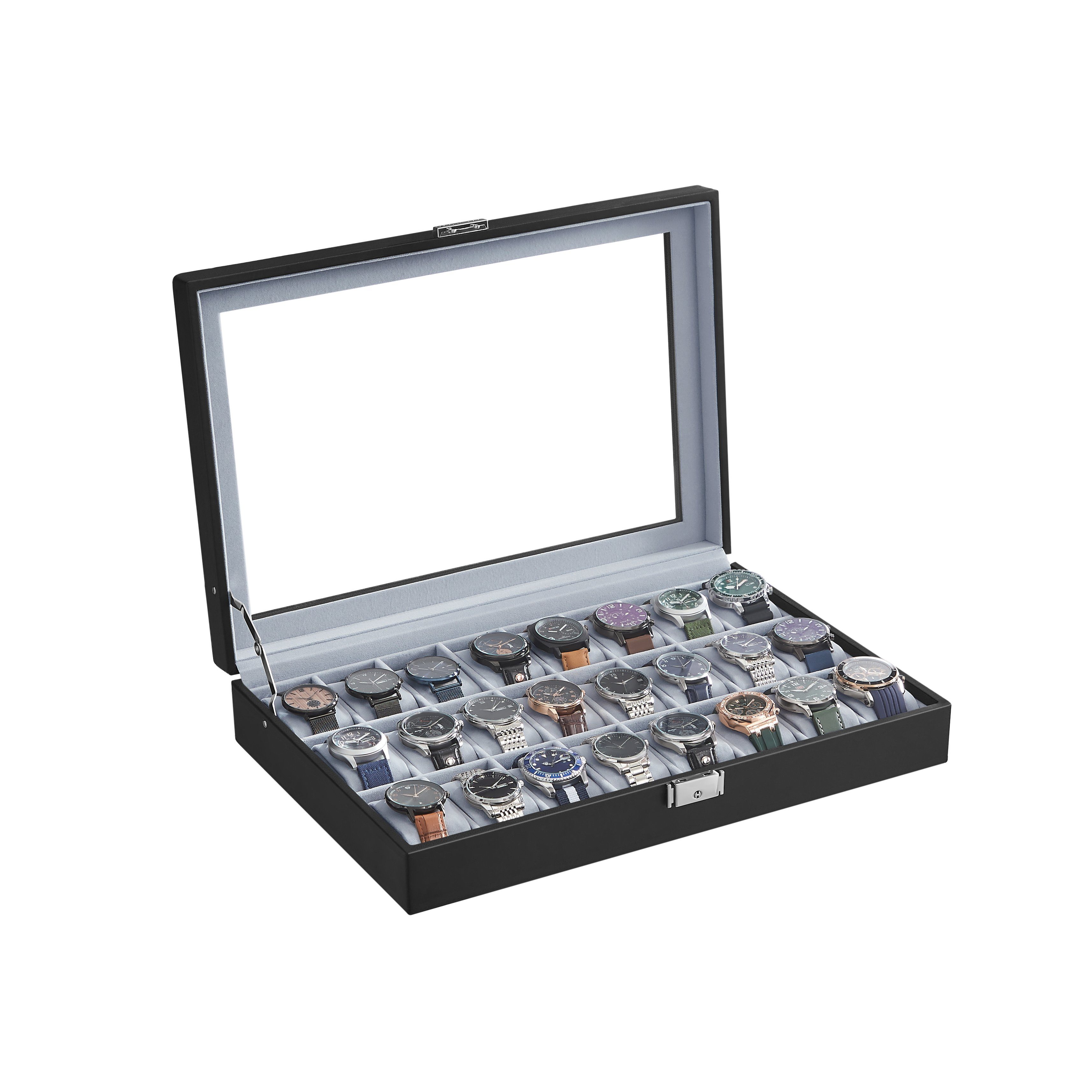 SONGMICS Uhrenbox abschließbarer Uhrenkasten, Uhrenkoffer, Organizer, 29,5 x 43 x 8 cm, mit 24 Fächern, Glasdeckel, PU-Bezug in Schwarz, Samtfutter in Grau