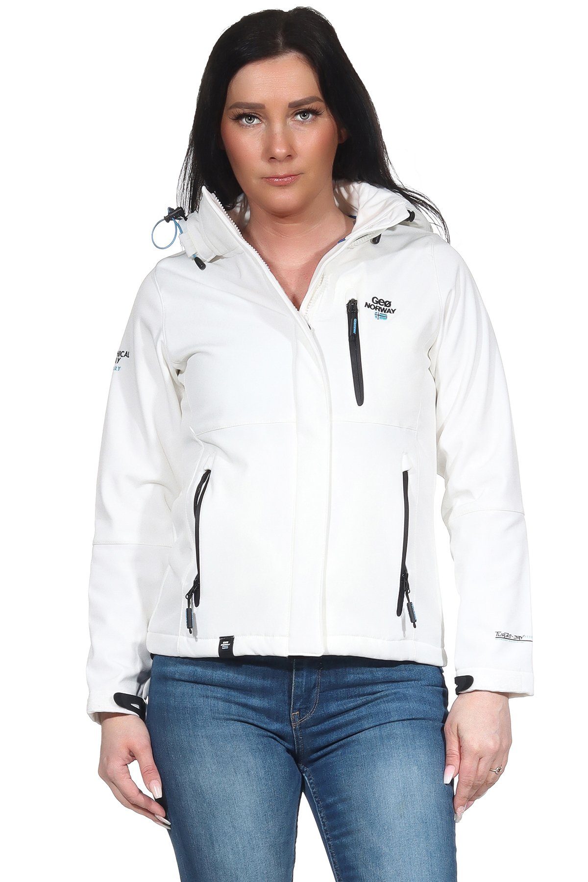 Geographical Norway Softshelljacke Geographical Norway leyoley by abnehmbarer Softshelljacke mit Wetterschutz G-Tara Weiss Damen Stehkragen, Kapuze