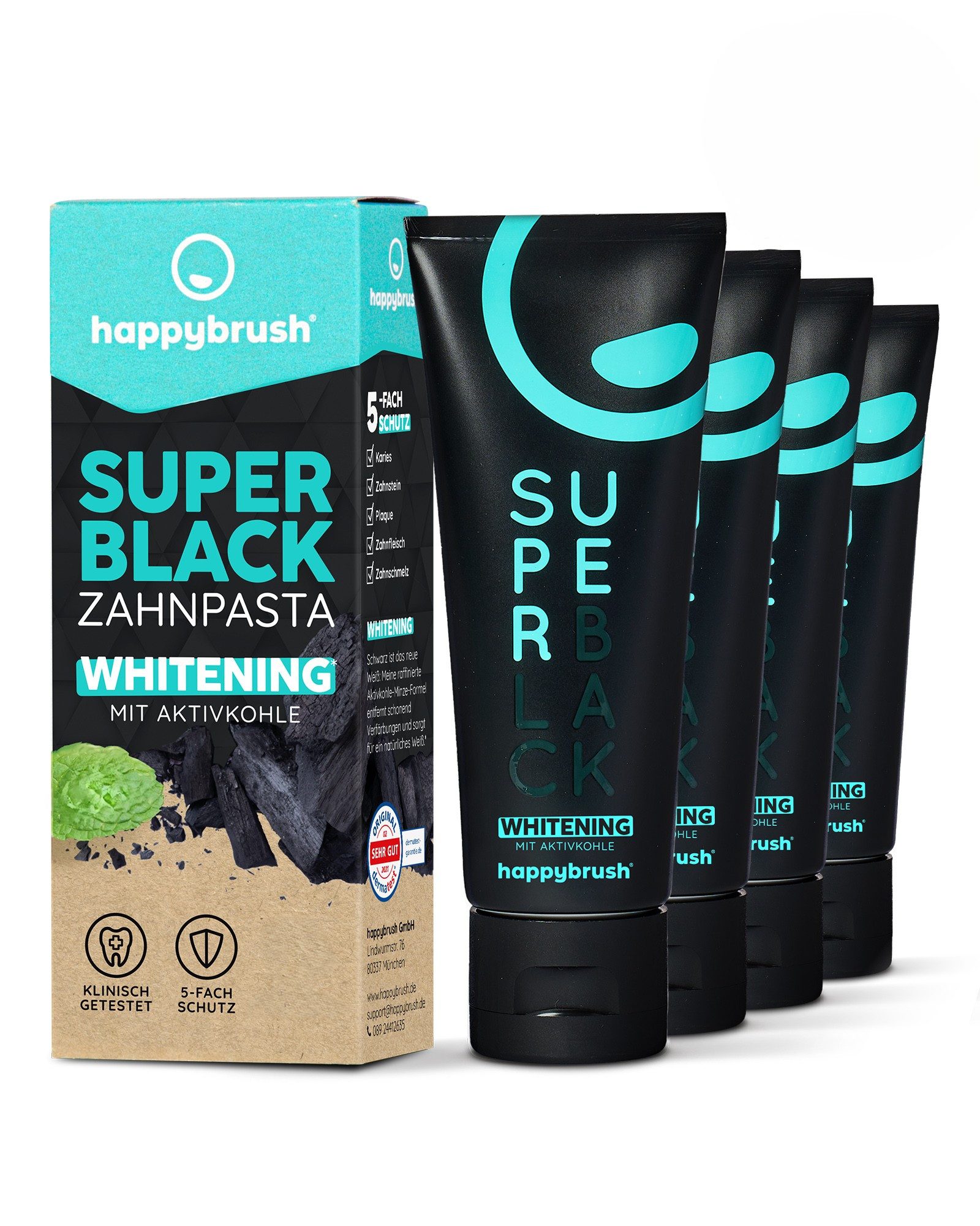 happybrush Zahnpasta SuperBlack - mit Aktivkohle zur Zahnaufhellung - 4er Pack, (Spar-Set) vegan und FREI VON Natriumlaurylsulfat, Palmöl, Triclosan, Titandioxid