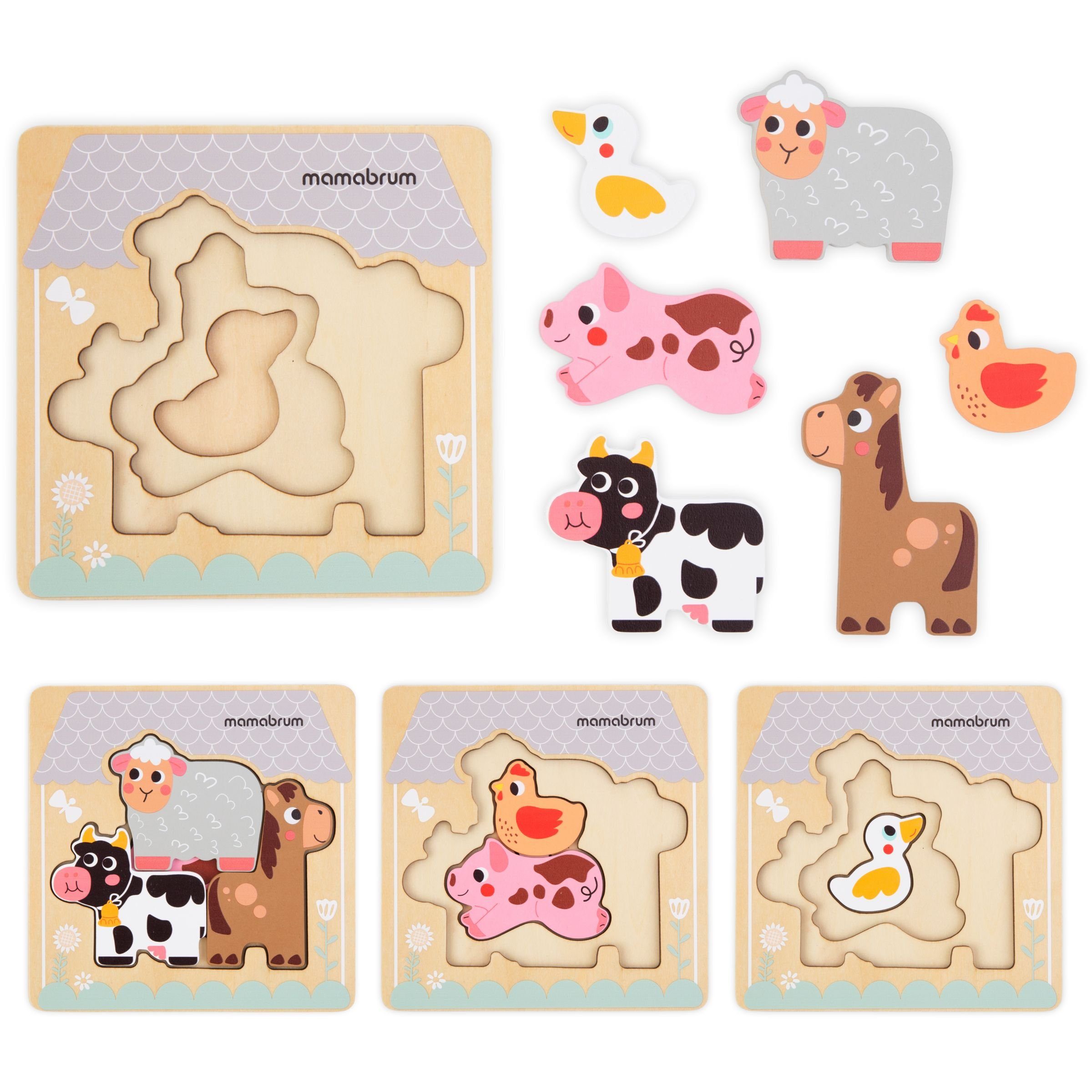 Mamabrum Puzzle-Sortierschale Holzpuzzle mit mehreren Ebenen - Tiere auf einem Bauernhof