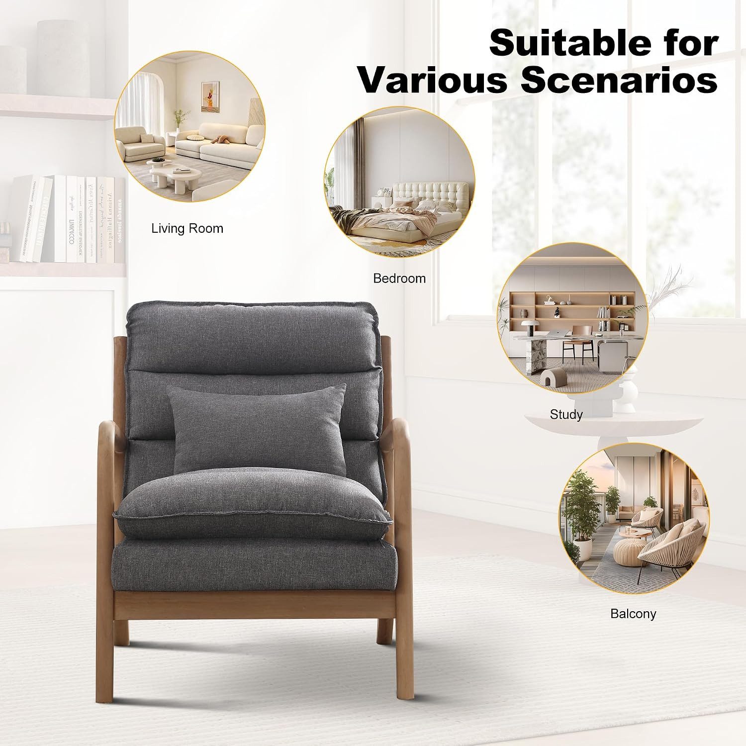 CANMOV Relaxsessel Sessel mit Kissen, Loungesessel mit hoher Rückenlehne, Einzelsessel (2-St), Natürliches Holz, Liegestuhl mit Armlehne und Kissen, für Wohnzim – Bild 3 von 5