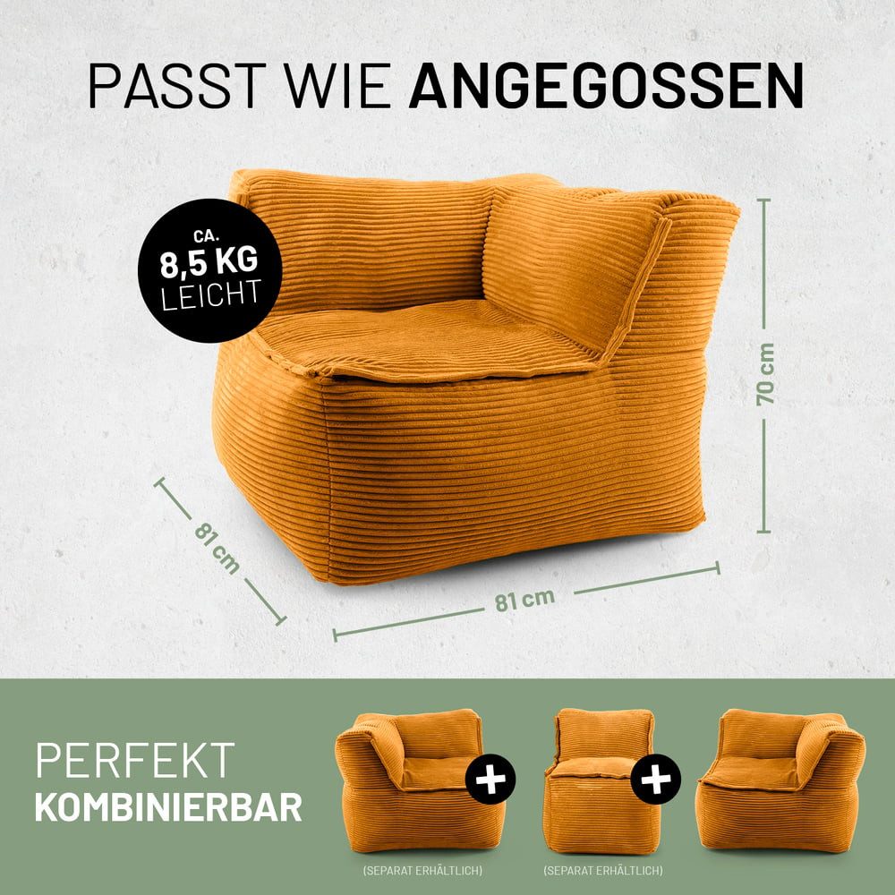 Lumaland Sitzsack Sitzsack-Sofa Modular Cord 81x81x70cm Ecke rechts, Sessel abnehmbarer Bezug kombinierbar waschbar