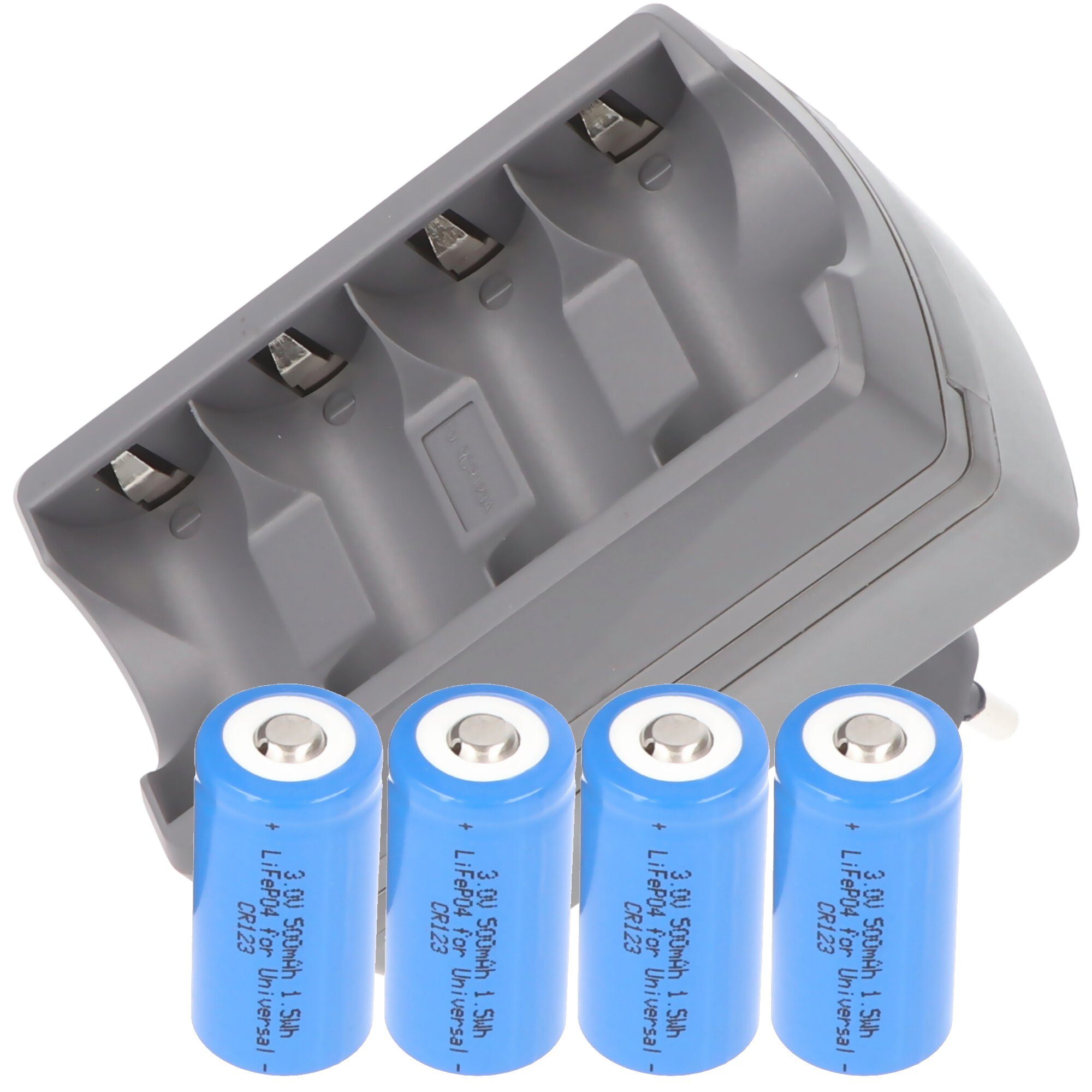 AccuCell CR123 Ladegerät inklusive 4x CR123A Li-Ion Akkus, vierfach Ladegerät Fotobatterie, (3,0 V)