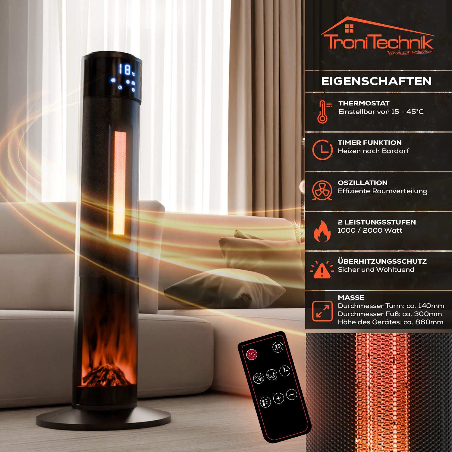 TroniTechnik Heizstrahler Turmheizer,Keramikelement,Heizgerät,Oszillation s günstig online kaufen