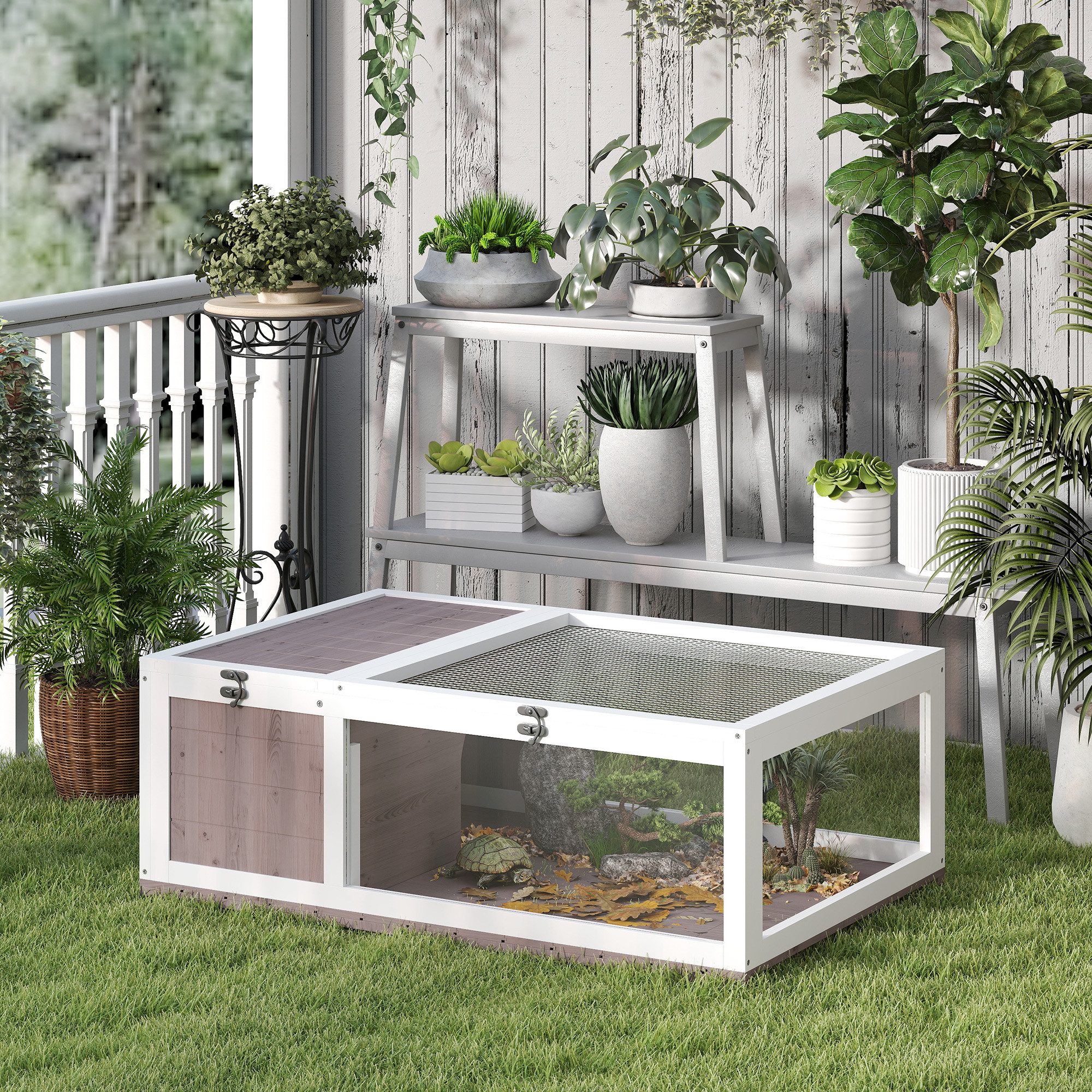 PawHut Kleintierstall Schildkrötengehege mit Haupthäusern, aufklappbarem Ob günstig online kaufen