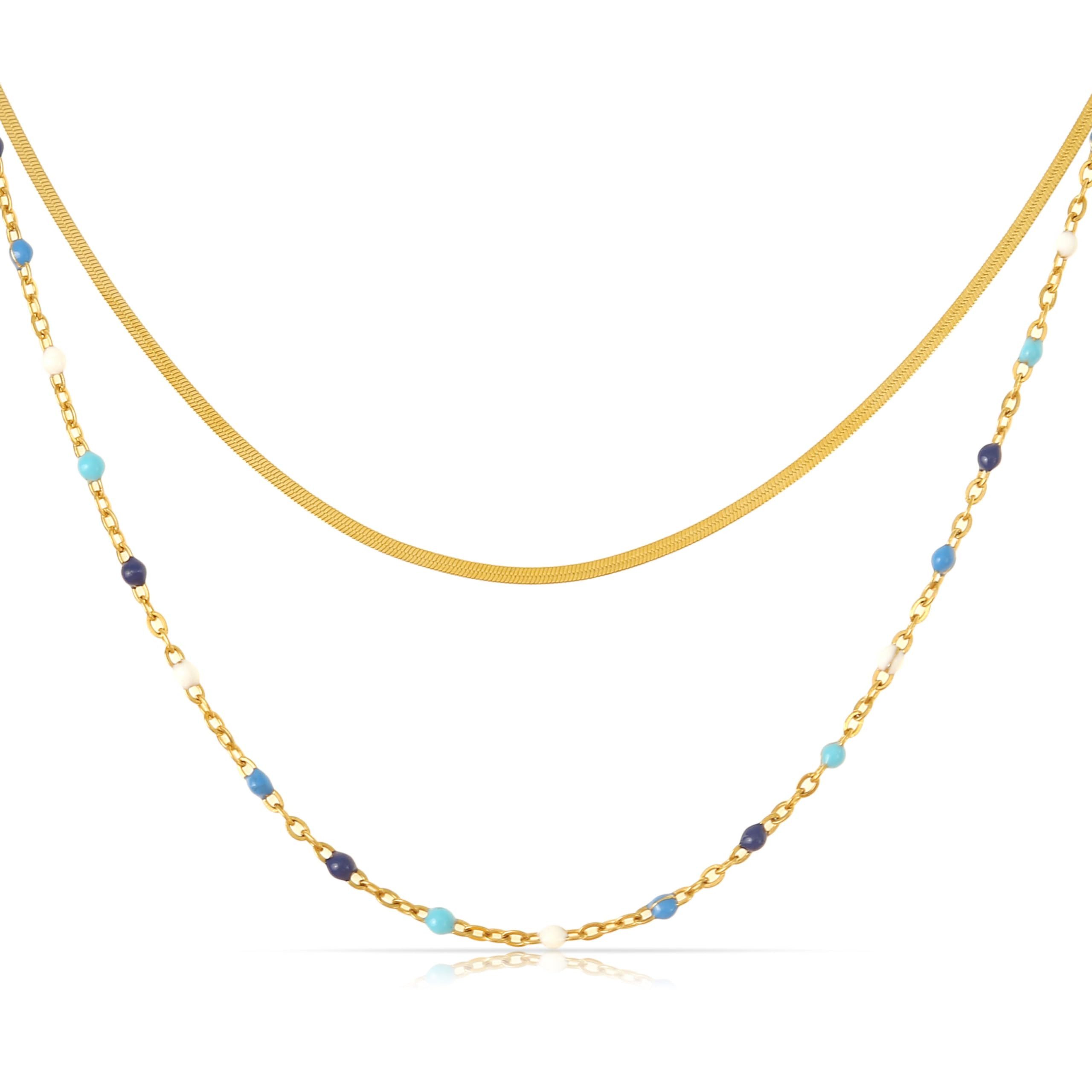Made by Nami Choker Doppelreihige Kette Damen Gold in Schlangendesign und mit Perlen, Robuster Karabiner Verschluss Boho Schmuck - 40 + 5 cm