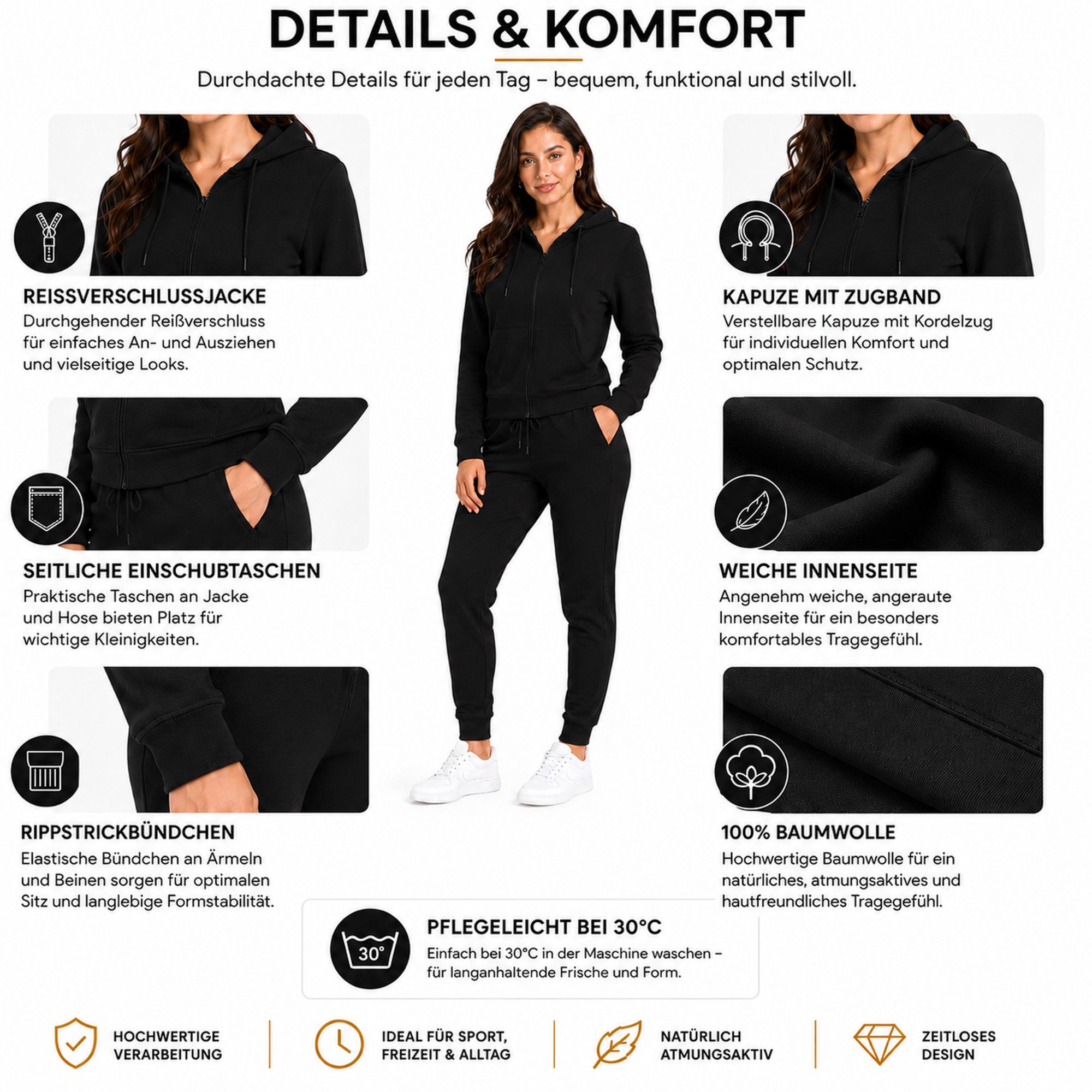 L.gonline Freizeitanzug Damen Jogginganzug einfarbig 100% Baumwolle 586 Blau 3XL (Kapuzenjacke mit Reißverschluss, Hose, 2-tlg), Fitness Freizeit Casual