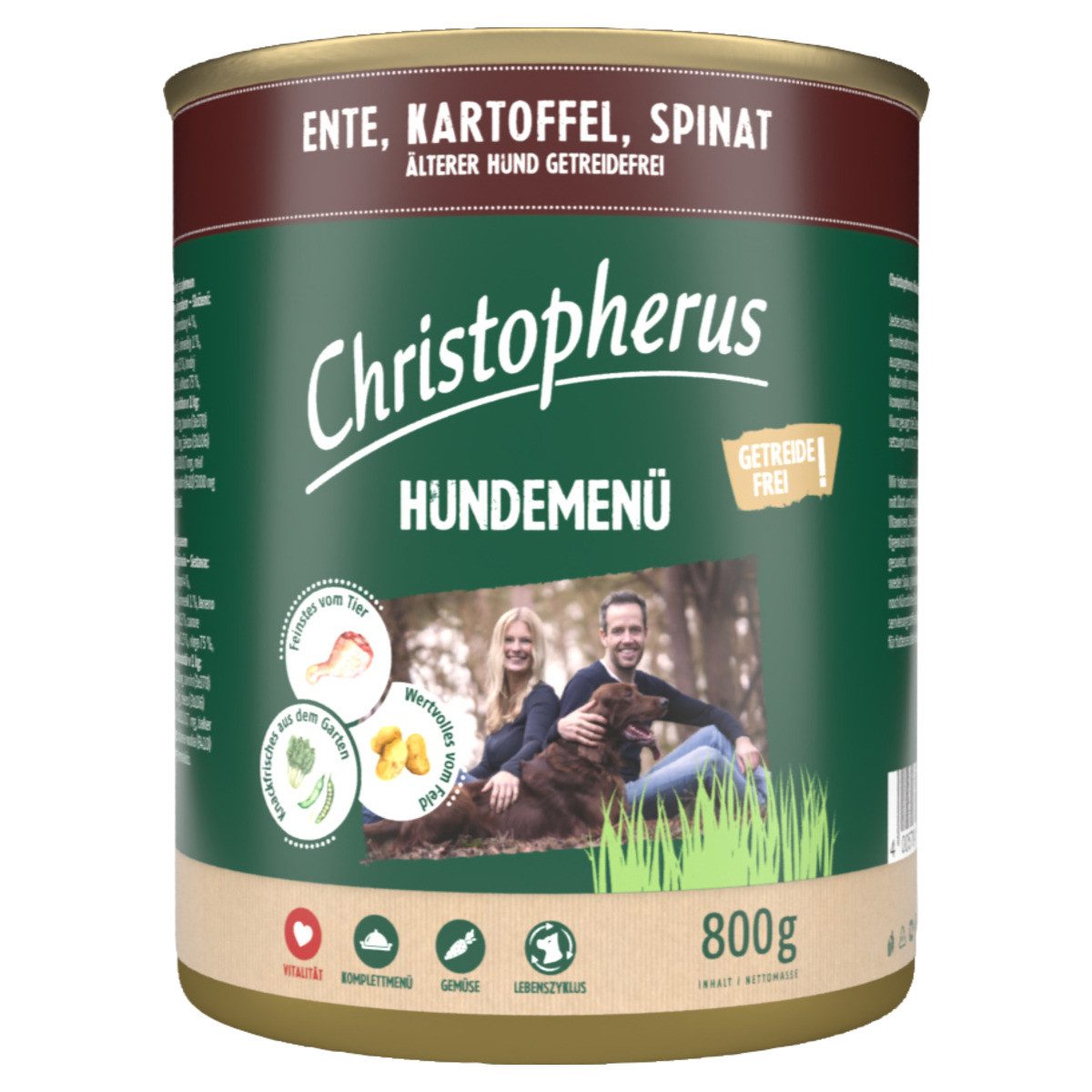 Christopherus Menue Senior mit Ente, Kartoffel, Spinat 800 g - 6 Stück, Nassfutter für: Hund
