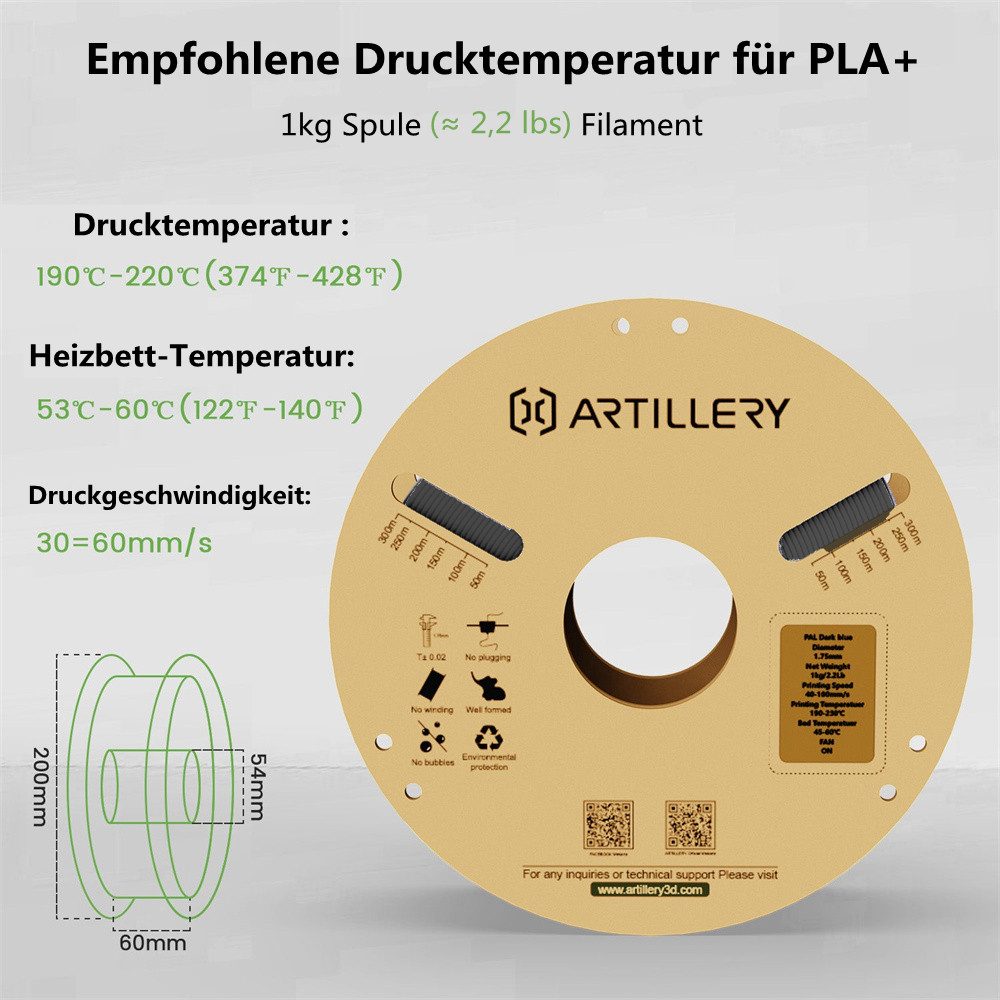 Artillery 3D-Drucker PLA Filament 1.75mm, 3D Druckmaterial – 10×1kg Spulen, Hohe Präzision ±0.02mm