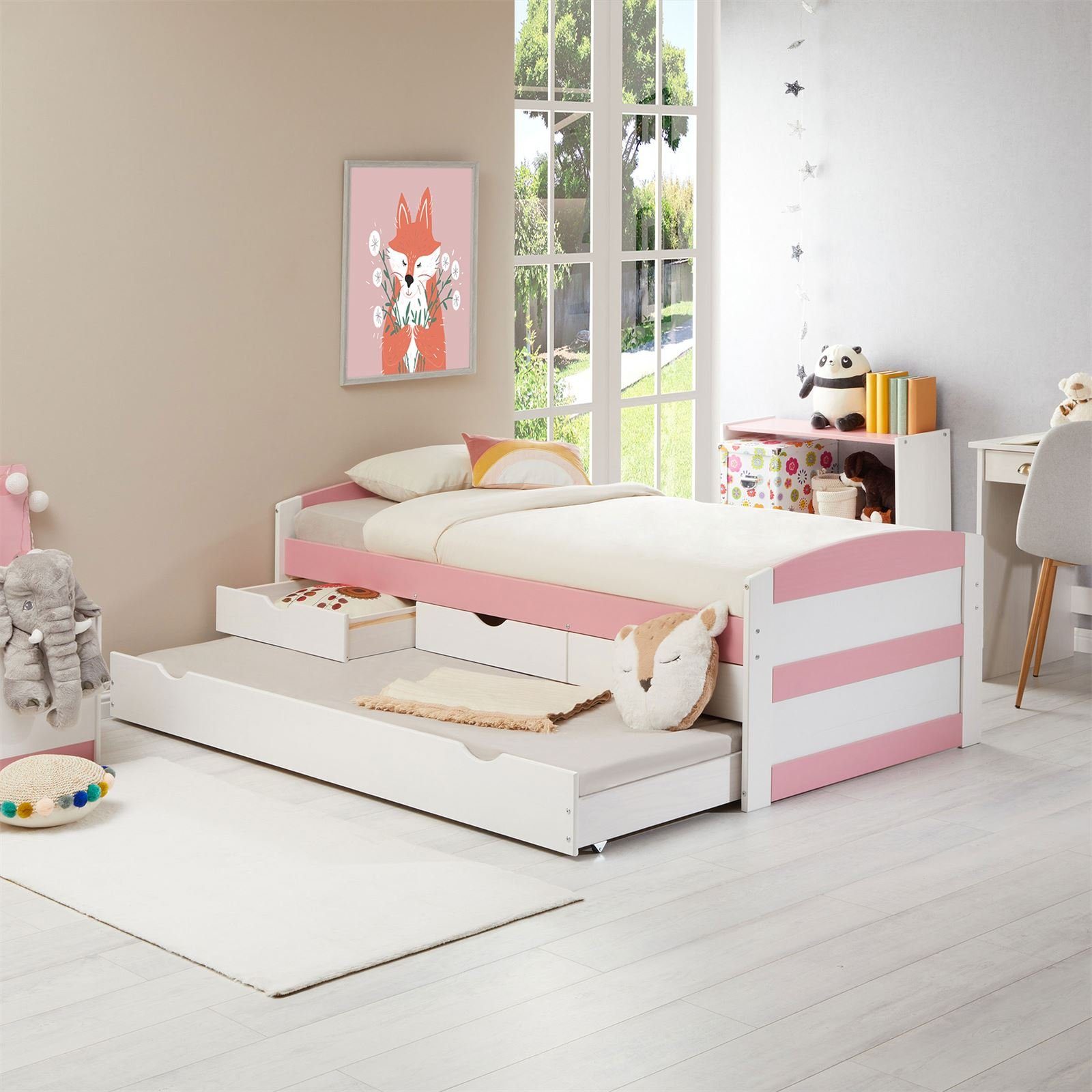 IDIMEX Funktionsbett JESSY, Bett 90 Kiefer weiß/rosa Jugendbett mit Schubladen Auszugbett x mit Stauraum 3 1