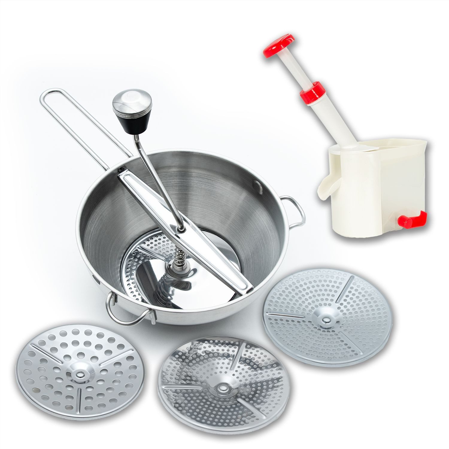 Intirilife Passiermühleneinsatz, (Set, 5-tlg), Einmach Set: Edelstahl Passiergerät 3 Siebeinlagen & Kirschentkerner