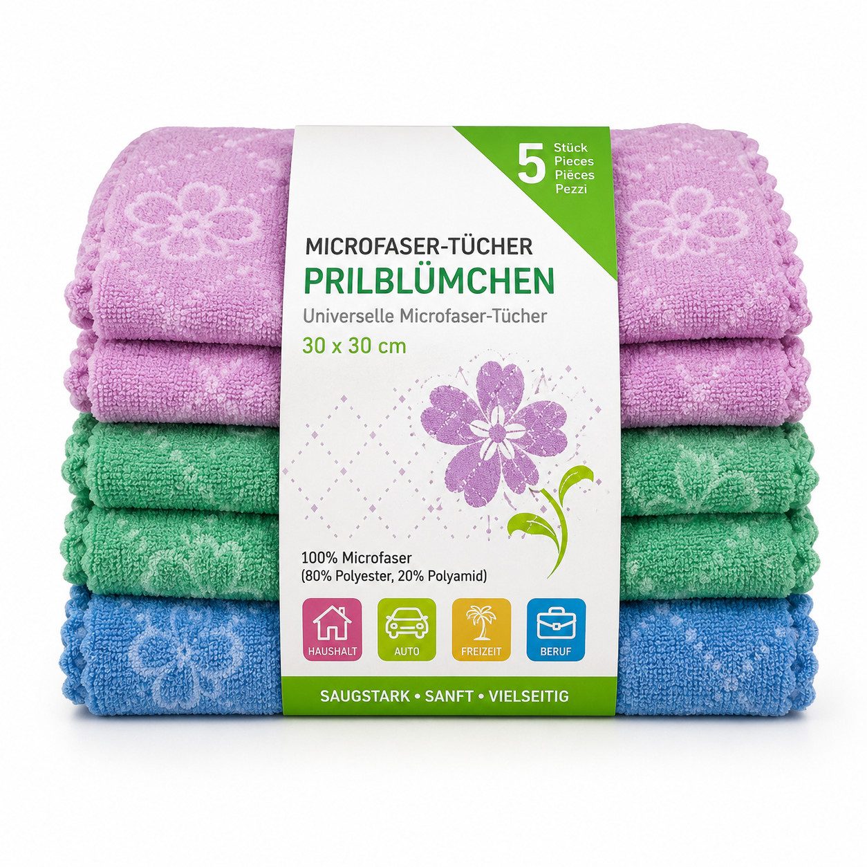 HH-Haushalt Microfasertücher 5 Stück 30 x 30 cm Prilblümchen für Haushalt & Auto Reinigungstücher