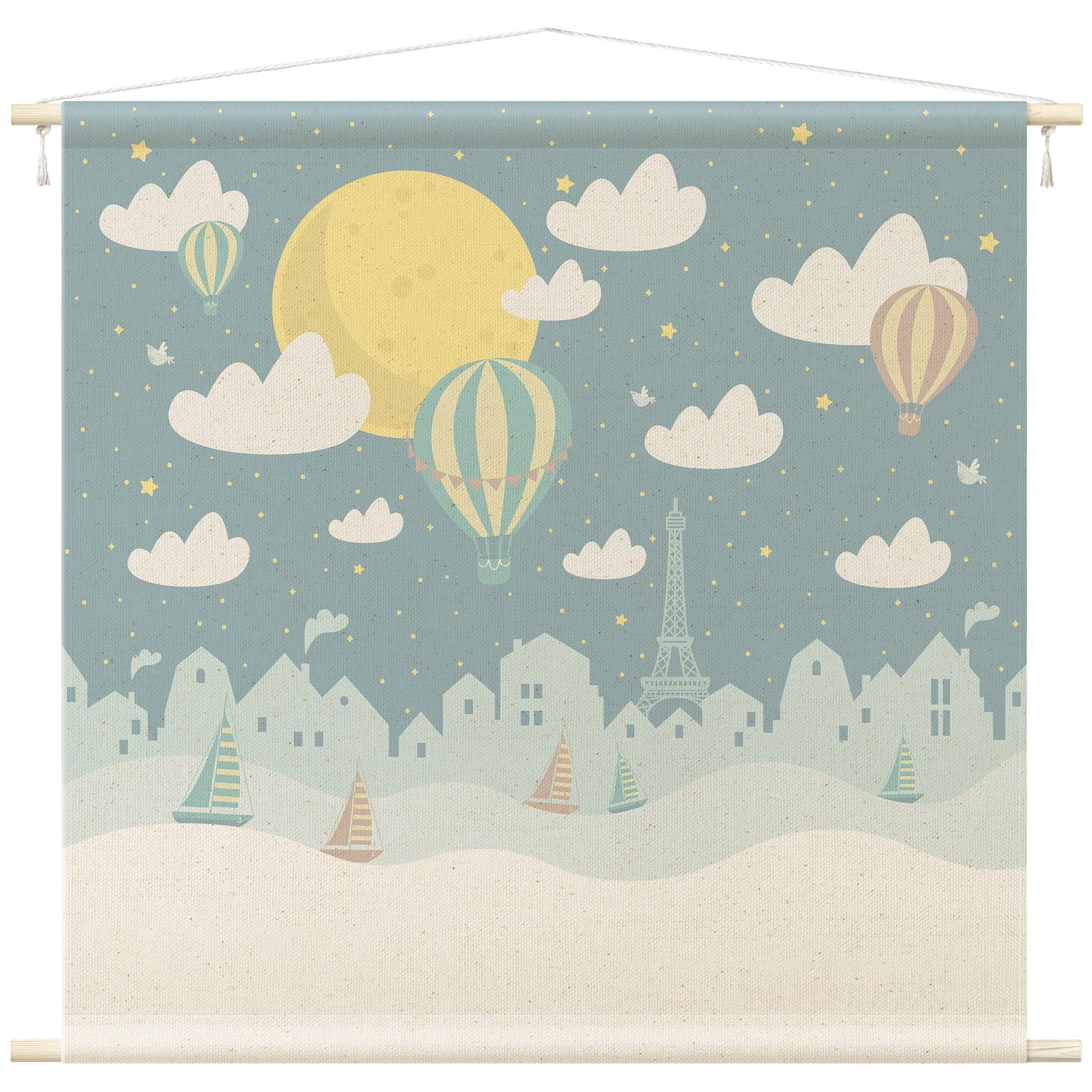 Bilderdepot24 Wandteppich Jungenzimmer modern Paris Ballon blau, quadratisch, Höhe: 2.6 mm, großes Wandbild aus Natur-Baumwolle Wandbehang Stoffbild Tuch Wollseil