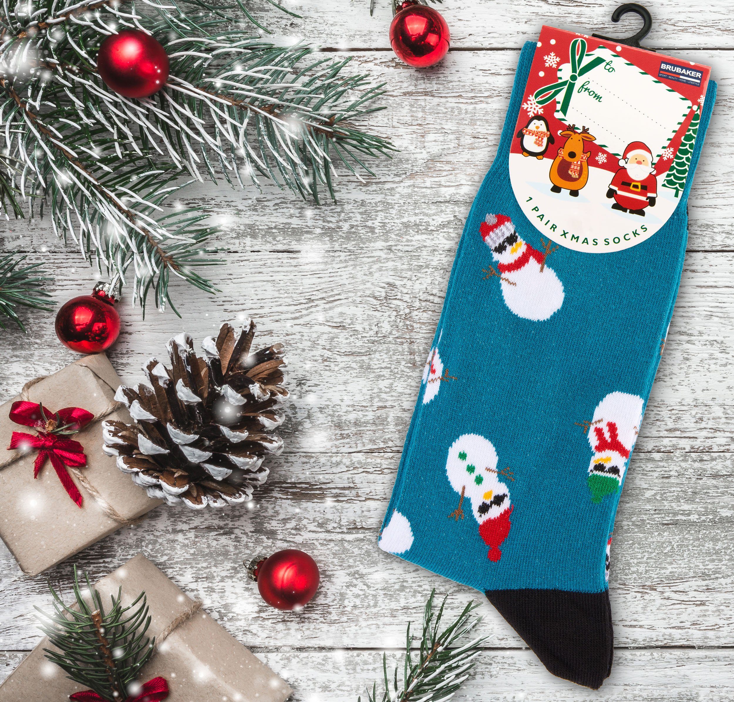 BRUBAKER Socken Weihnachtssocken - Lustige Socken für Damen und Herren (3-Paar, Unisex Baumwollsocken) Bunt, Schneemänner und Xmas Bier