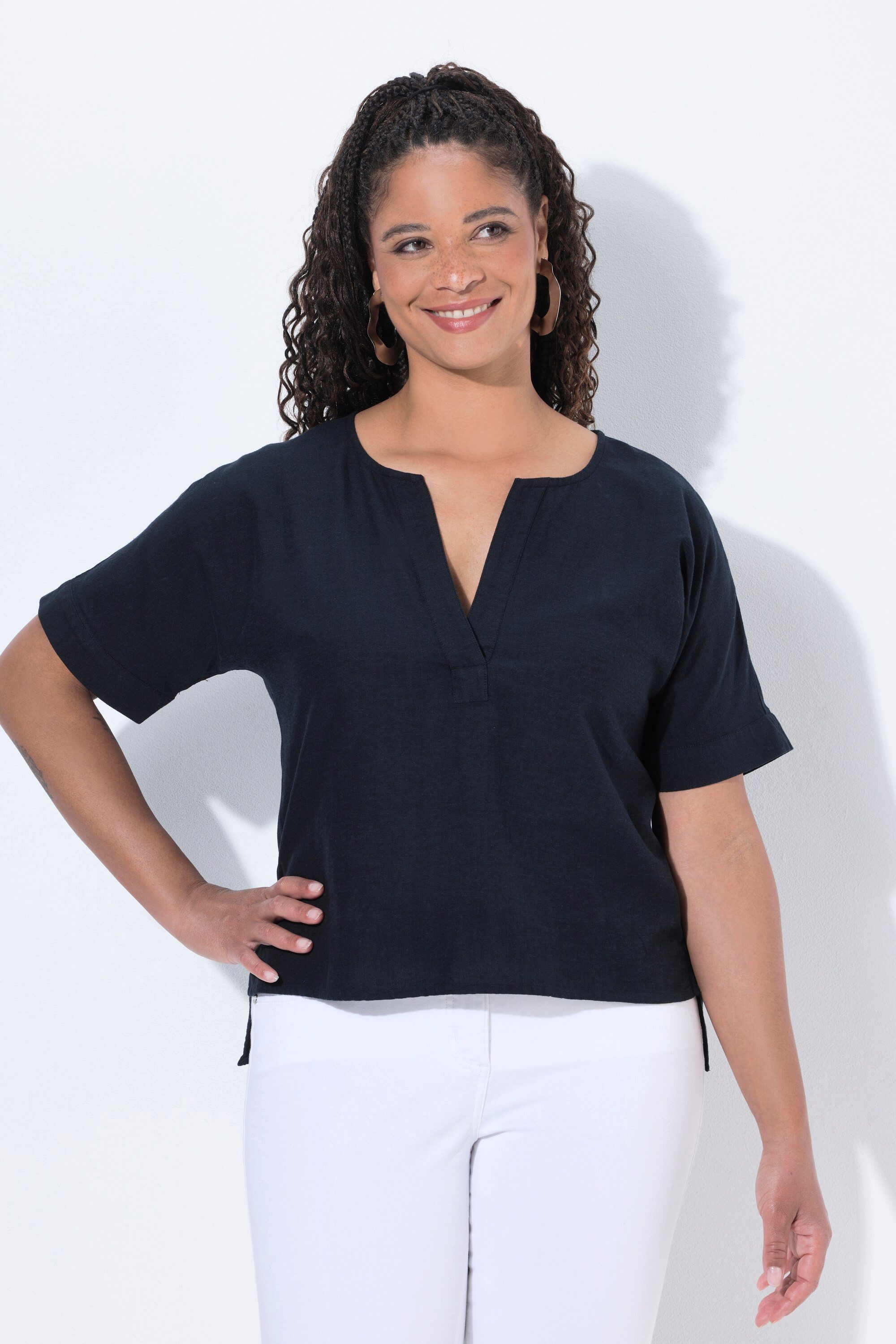 Angel of Style Longbluse Bluse A-Linie Leinenoptik Halbarm