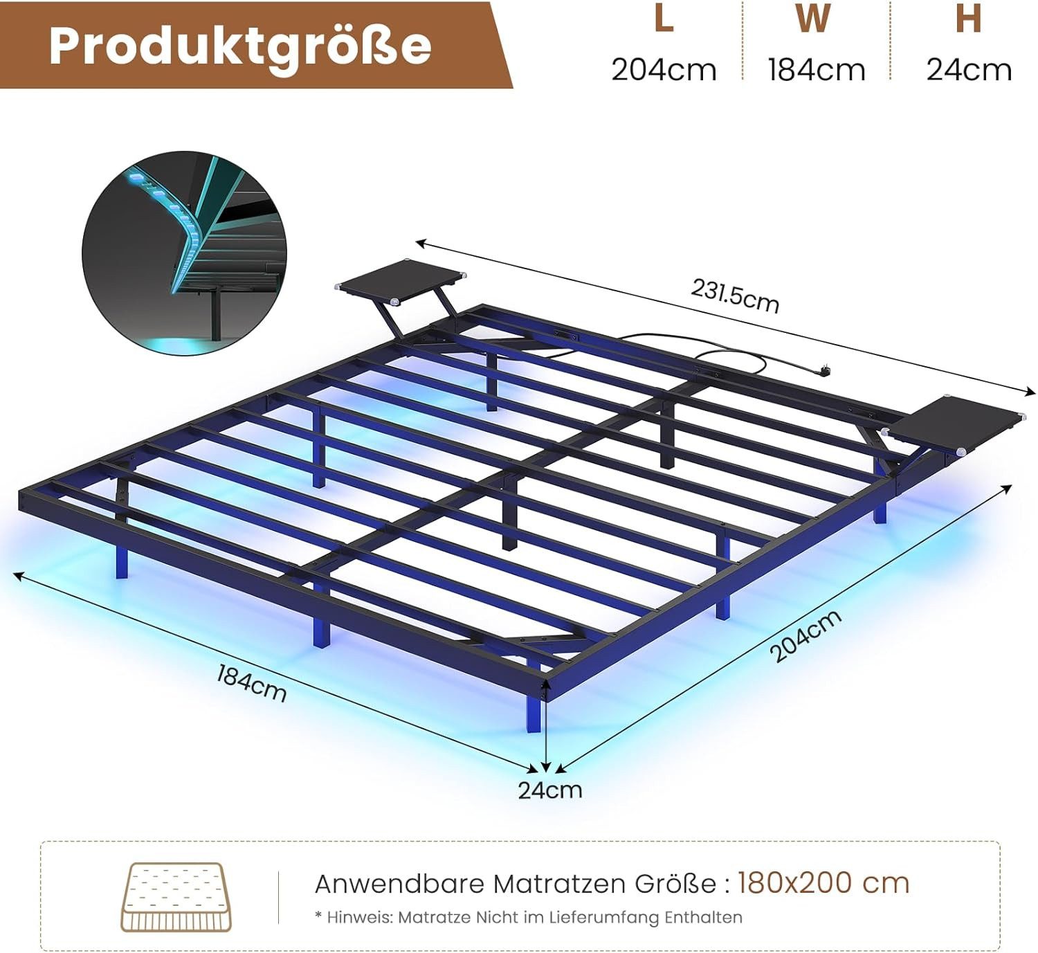 MSMASK Bettgestell LED Beleuchtung und Ladestation, Schwarz (Ohne Matratze) günstig online kaufen