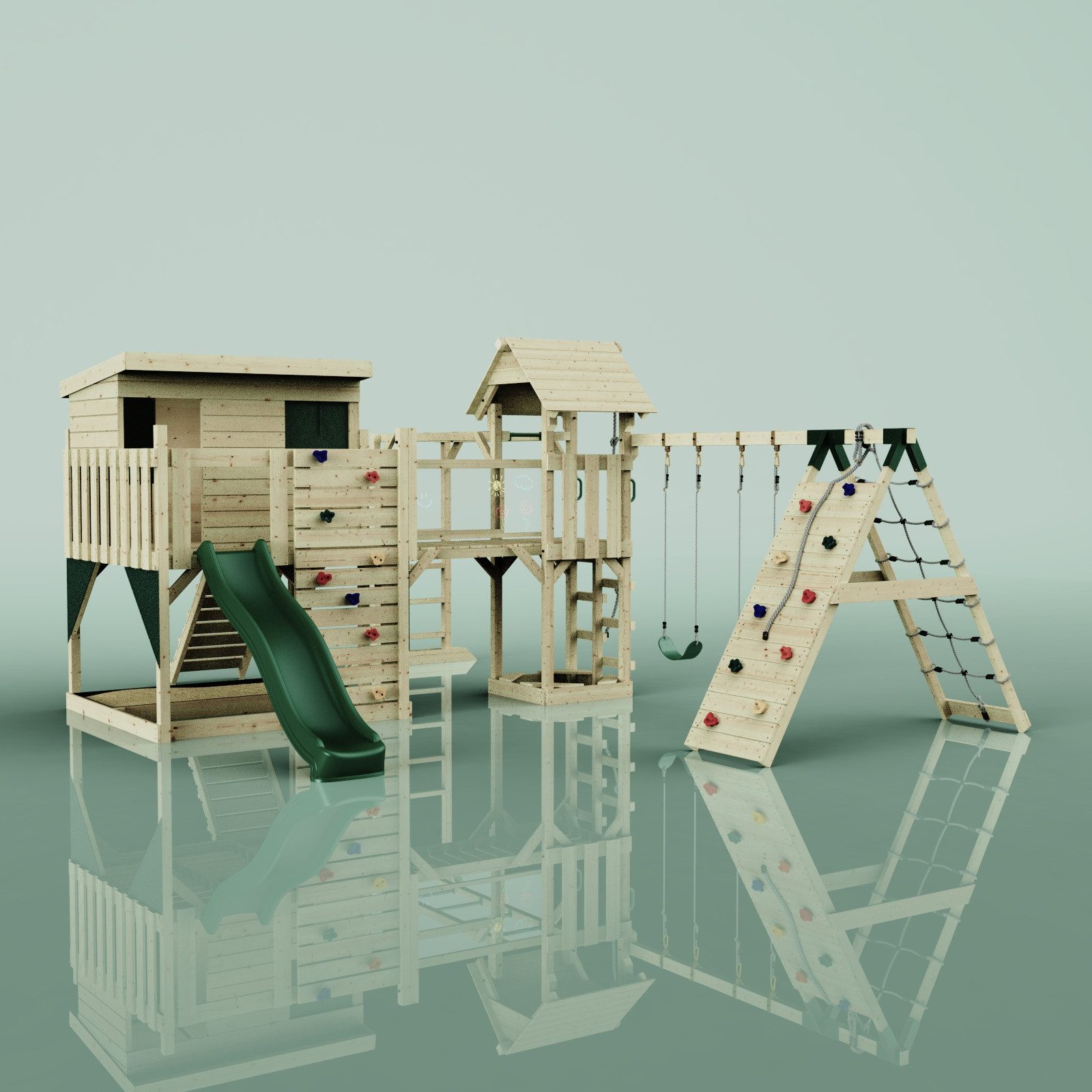 OutdoorToys Spielturm Malin, aus Holz in Dunkelgrün mit Kinderschaukel & Rutsche, Kletterwand