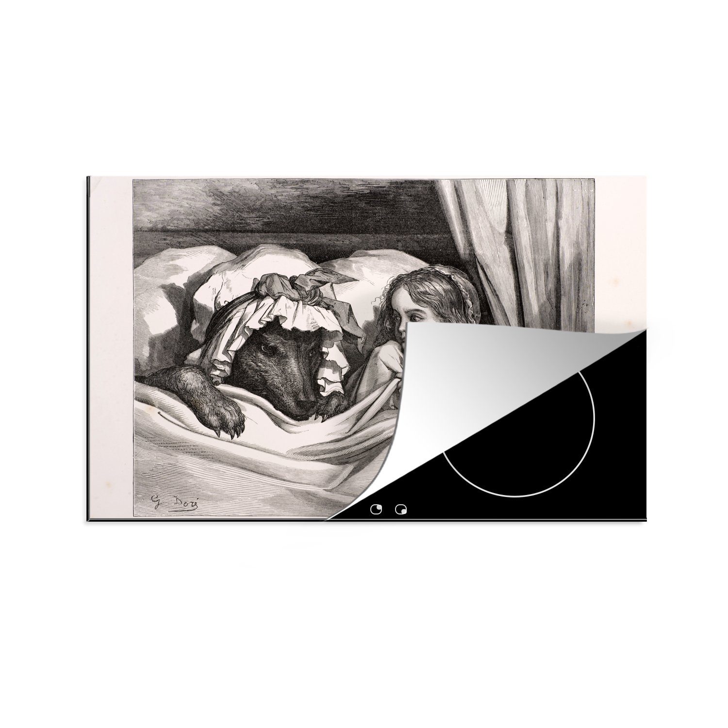 MuchoWow Herdblende-/Abdeckplatte Eine Rotkäppchen Bett, dem küche, 81x52 Induktionskochfeld mit für Schutz einem (1 Ceranfeldabdeckung cm, Vinyl, Illustration Wolf die in tlg), von