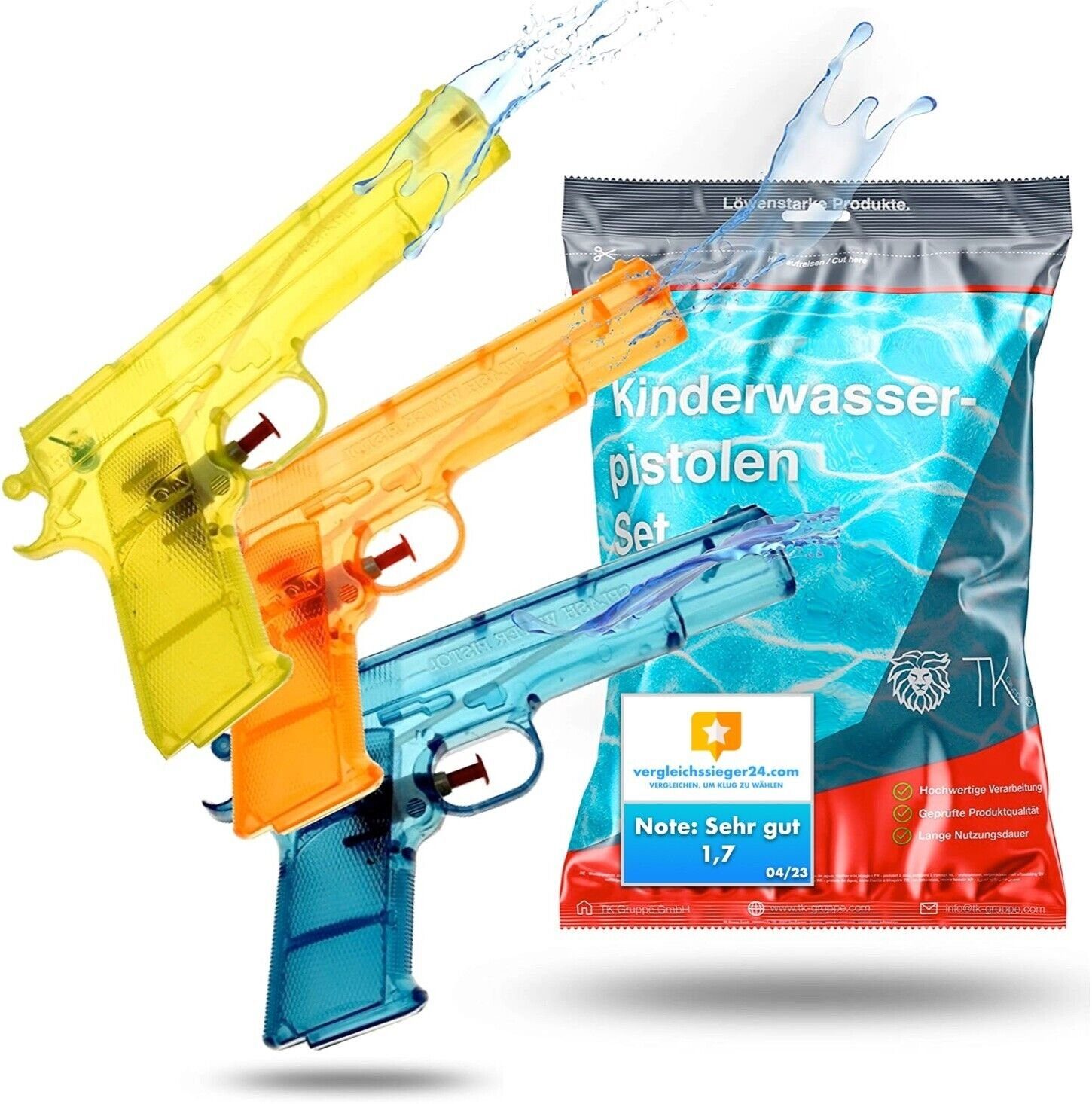 Kinderfreund® Wasserpistole 15x Wasserpistolen - 15 cm groß - Wasserspritzpistole für Kinder (Packung, 15-tlg., 5x blau, 5x orange, 5x gelb), großer Reichweite