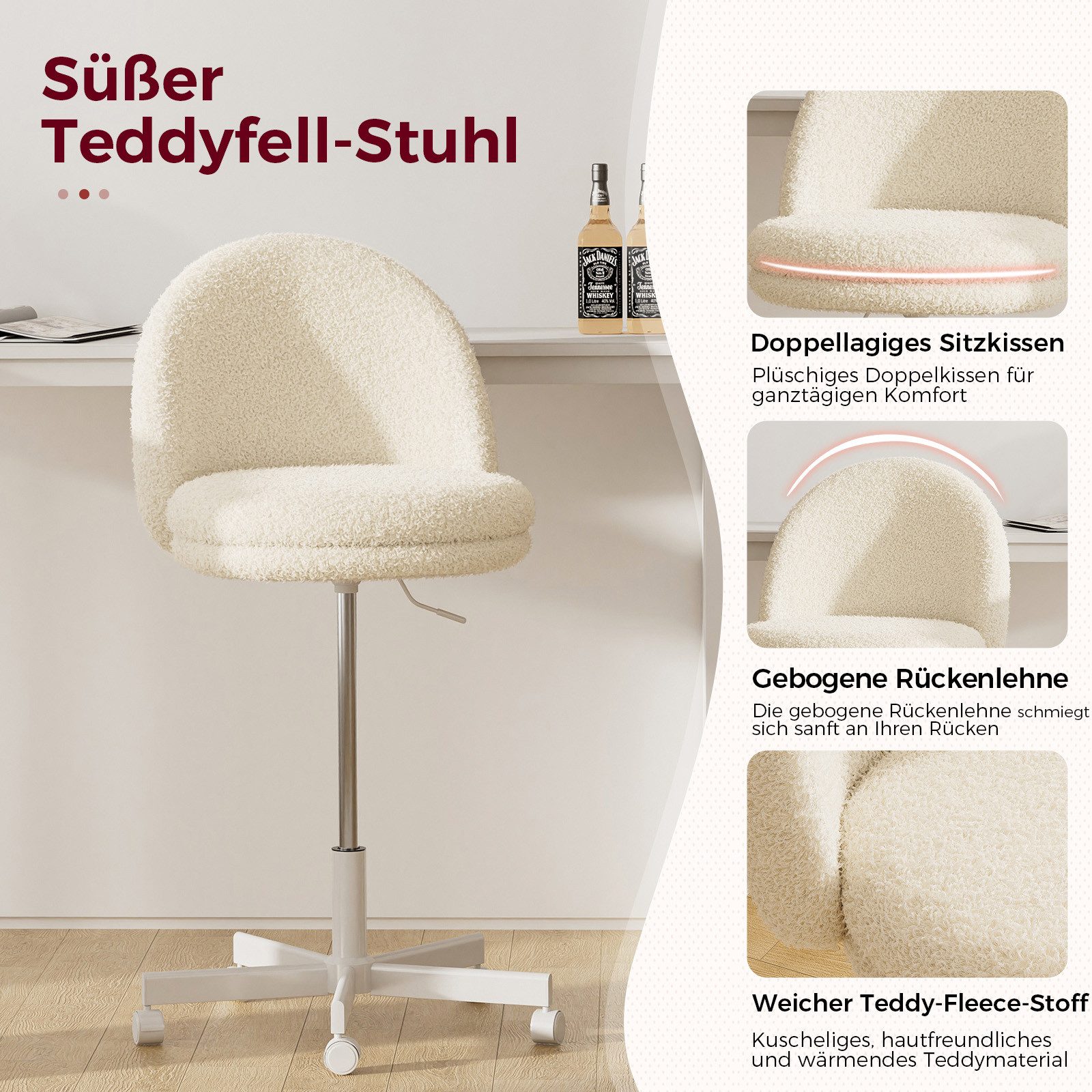 COMHOMA Bürostuhl ohne Armlehnen Schreibtischstuhl Drehstuhl mit Rollen, höhenverstellbar Schminktisch Gaming Stuhl 110kg