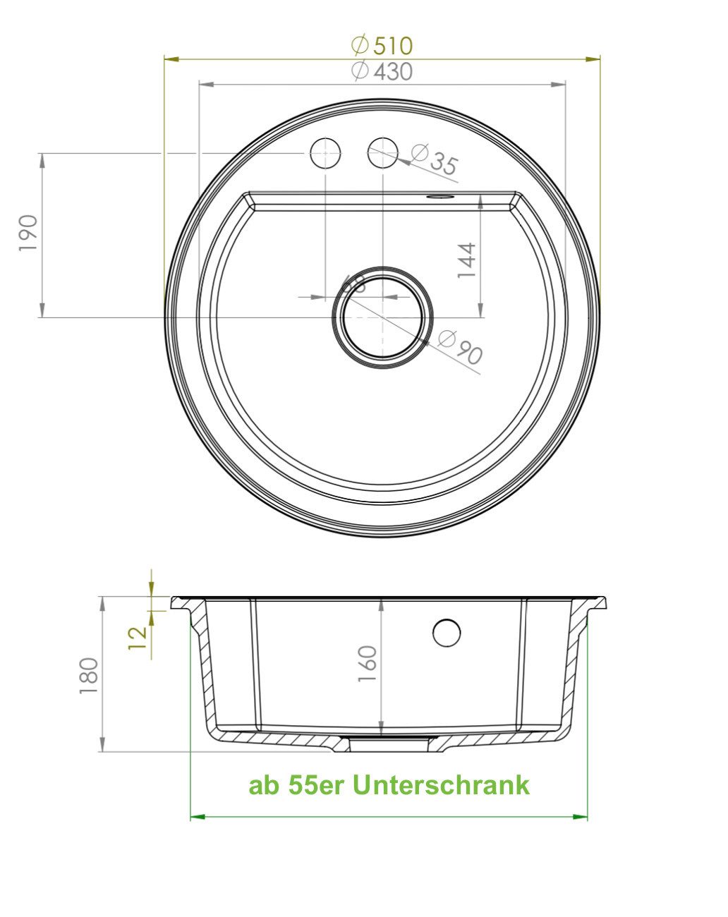 manestein Granitspüle Spülbecken aus Granit, Spüle mit oder ohne Abtropffläche, 1 Becken, Rund, Ø 51
