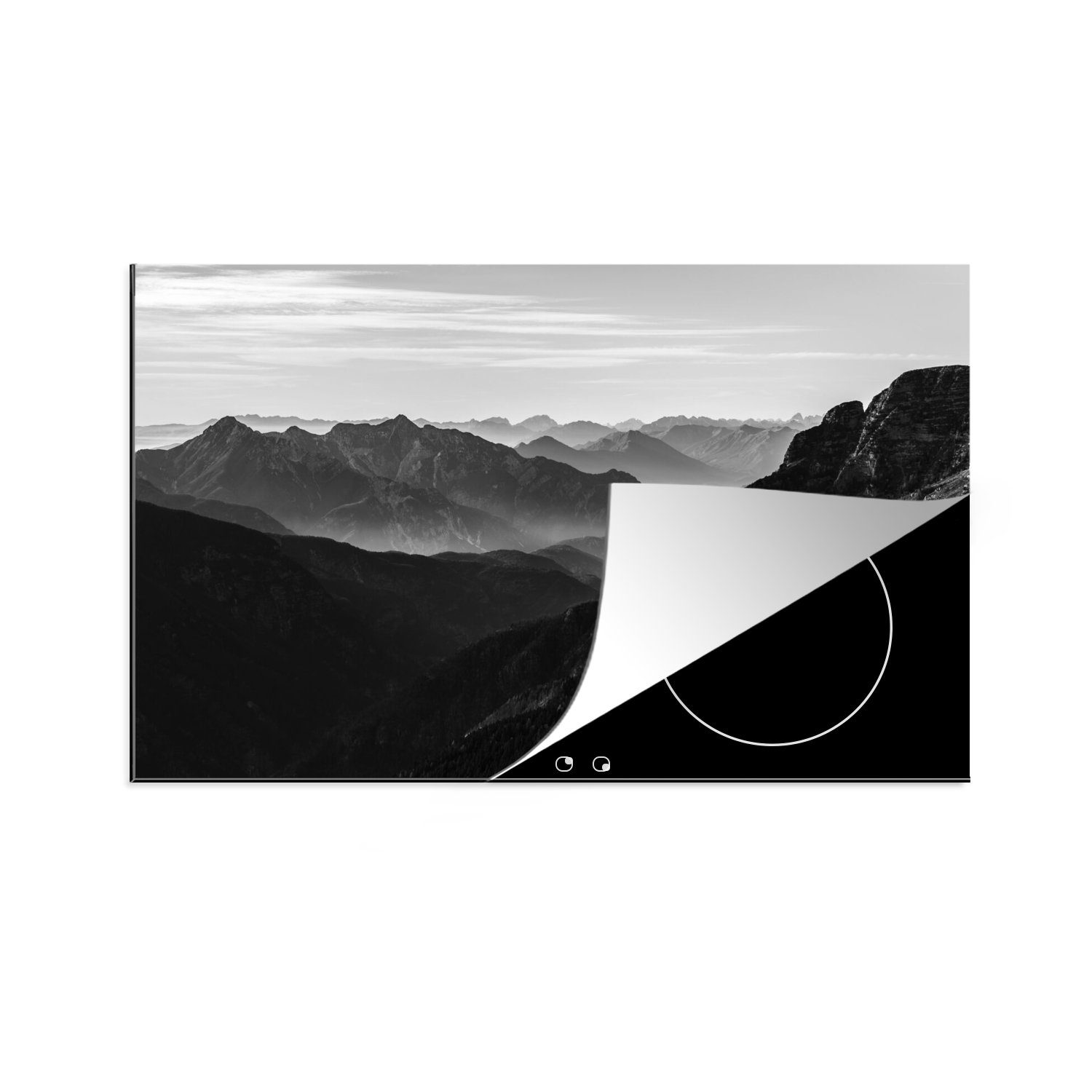 MuchoWow Herdblende-/Abdeckplatte Berge - Natur - Nebel, Vinyl, (1 tlg), 80x52 cm, Induktionskochfeld Schutz für die küche, Ceranfeldabdeckung