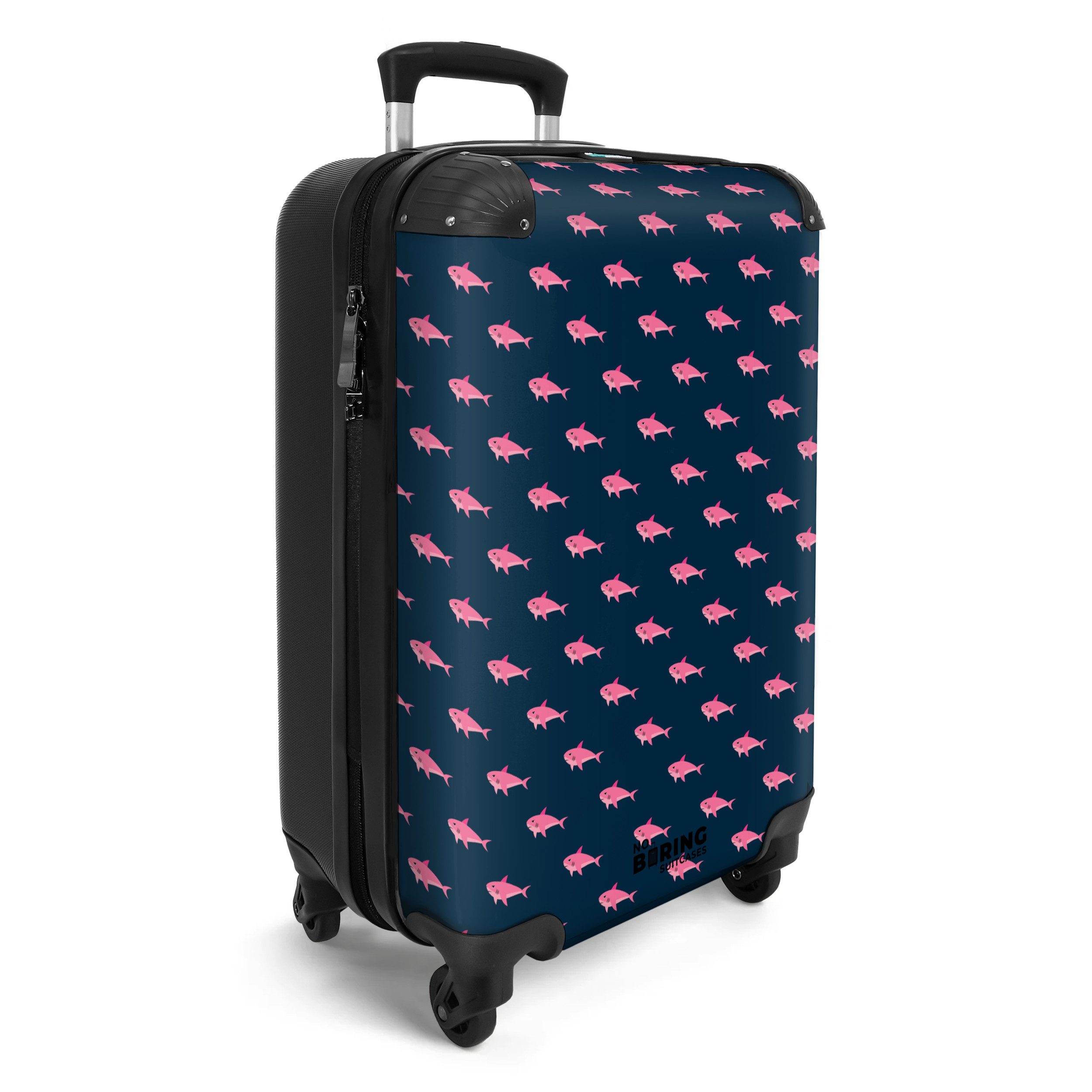 NoBoringSuitcases.com© Hartschalen-Trolley Blau mit rosa Hai-Aufdruck günstig online kaufen