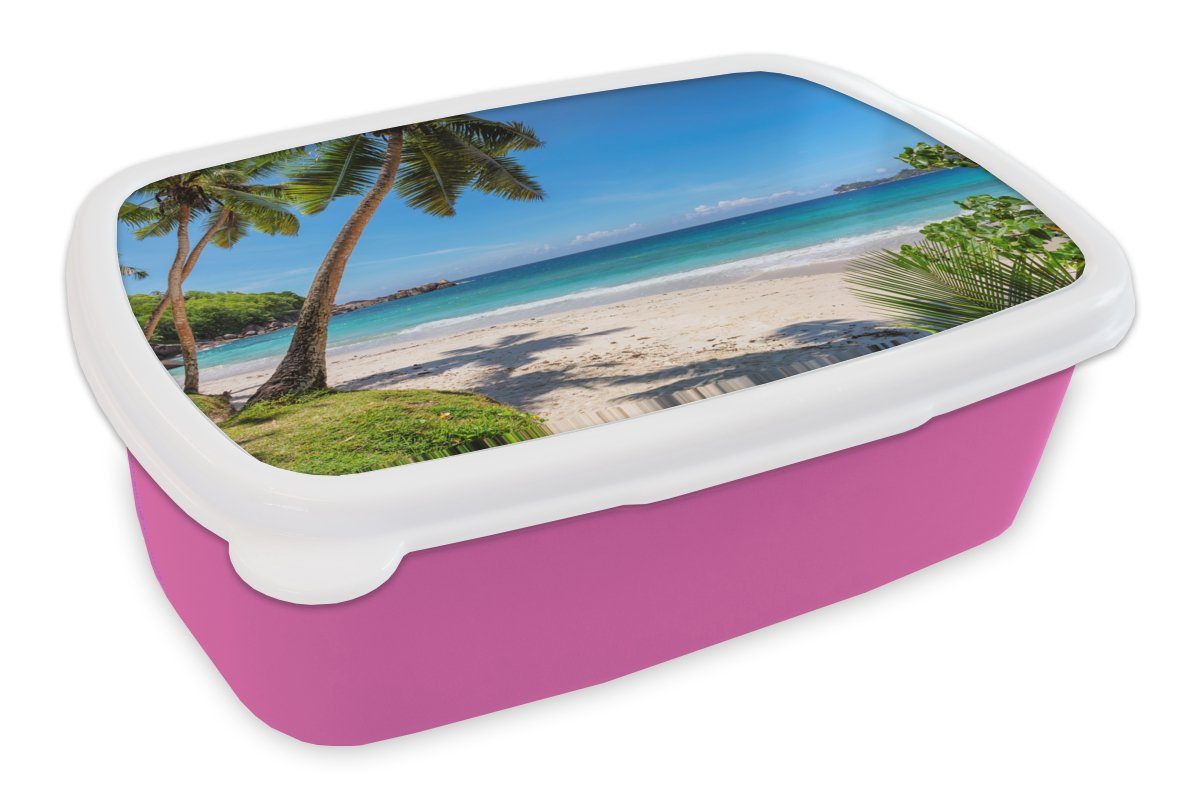 MuchoWow Lunchbox Strand - Meer - Palmen - Sonne, Kunststoff, (2-tlg), Brotbox für Erwachsene, Brotdose Kinder, Snackbox, Mädchen, Kunststoff rosa