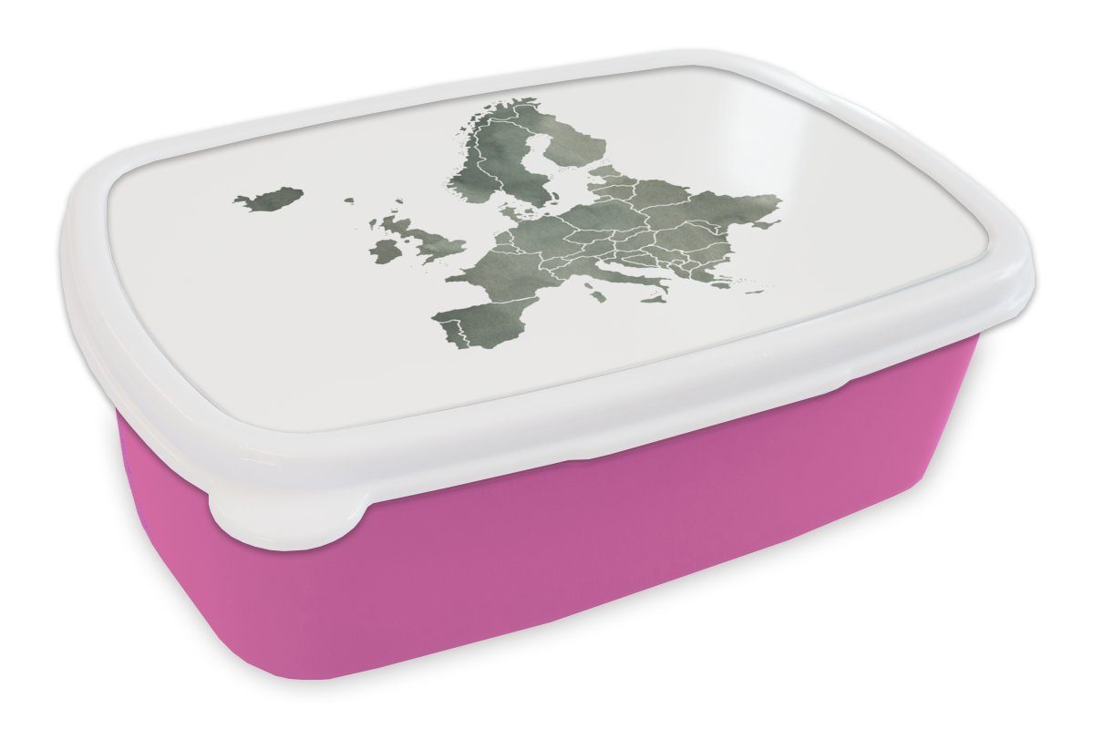 MuchoWow Lunchbox Karte von Europa - Aquarell - Grau, Kunststoff, (2-tlg), Brotbox für Erwachsene, Brotdose Kinder, Snackbox, Mädchen, Kunststoff rosa
