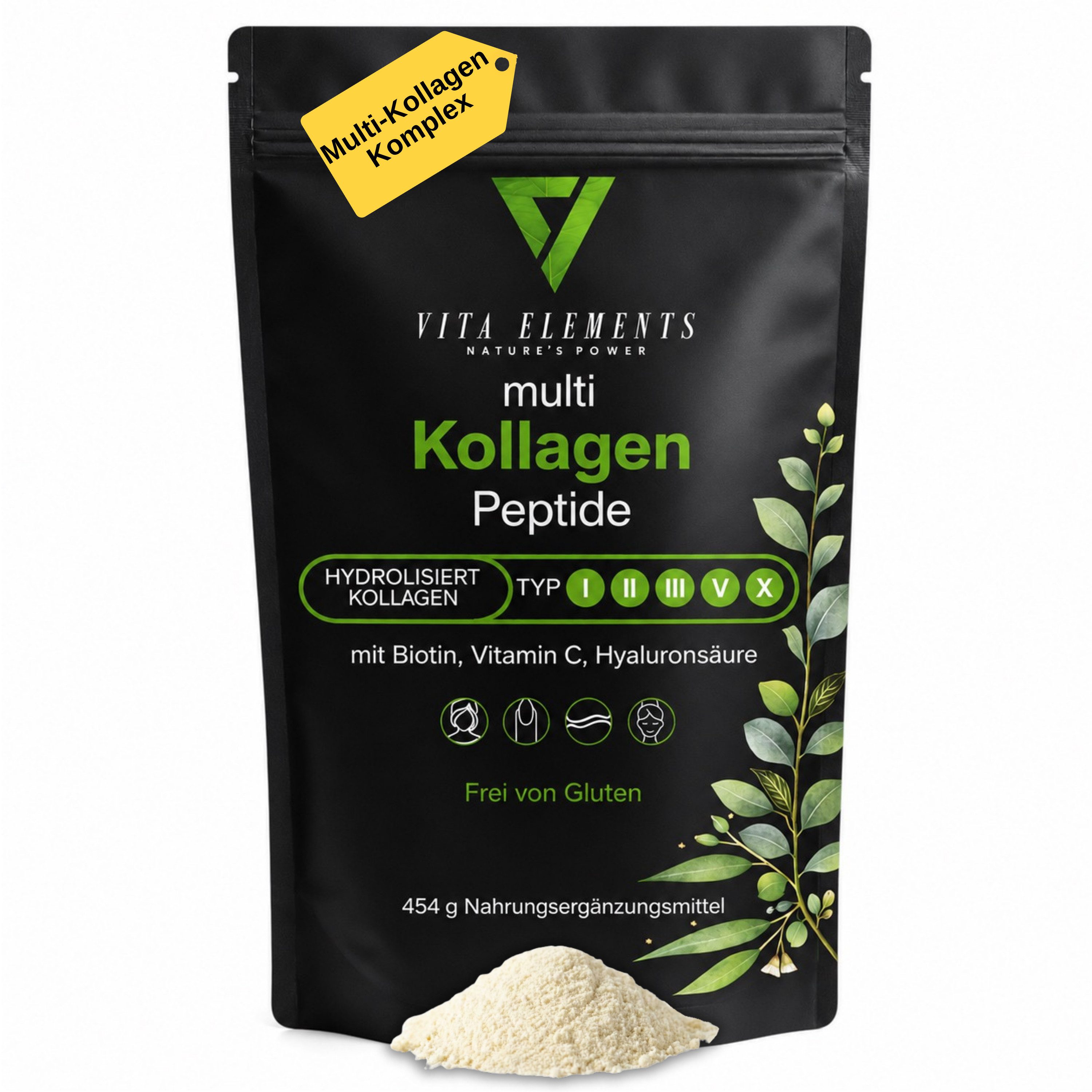 Vita Elements Kollagen Peptide Typ I, II, III, V, X Pulver, 454 g, Glutenfrei ohne Gentechnik Laborgeprüft in Deutschland