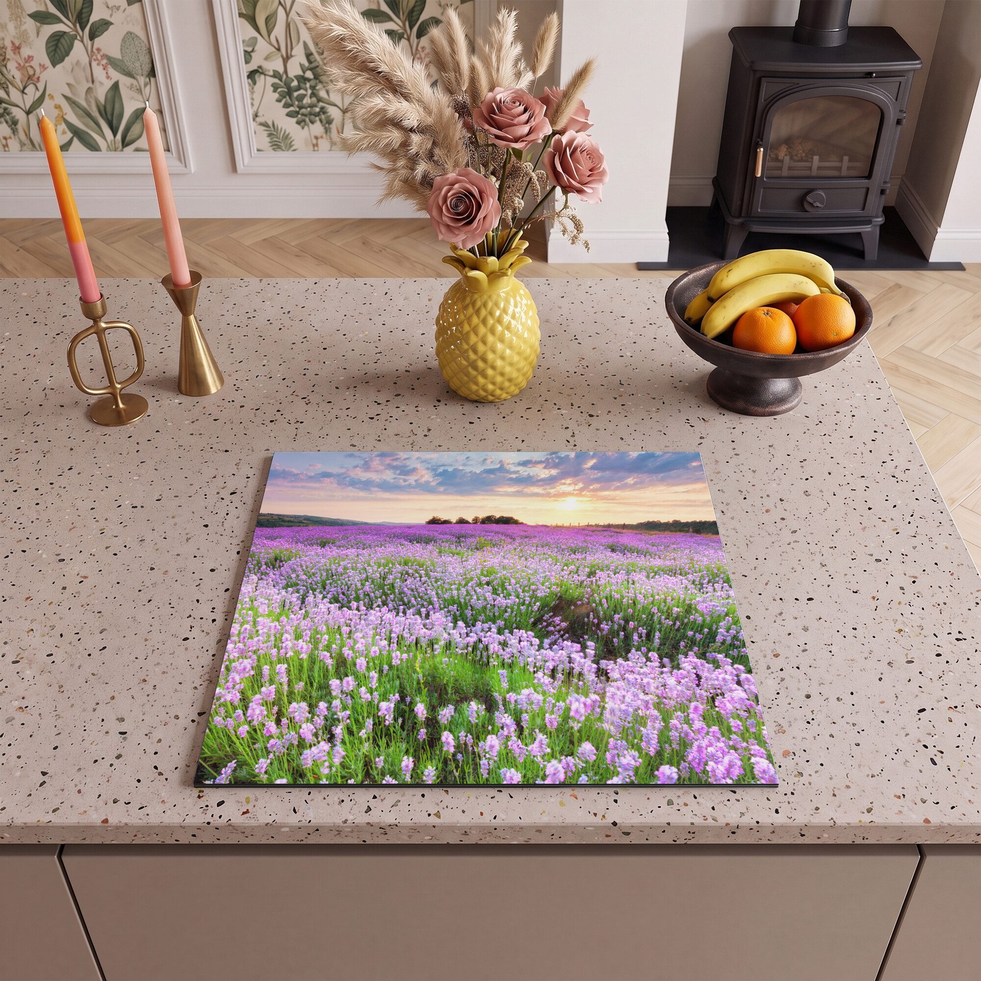 MuchoWow Herd-Abdeckplatte Lavendel - Blumen - Sonnenuntergang - Lila - Wiese, Vinyl, (1 tlg), Abdeckplatte für Ceranfeld, Herd Inductionsmatte, 57.6x51.6 cm – Bild 2 von 5