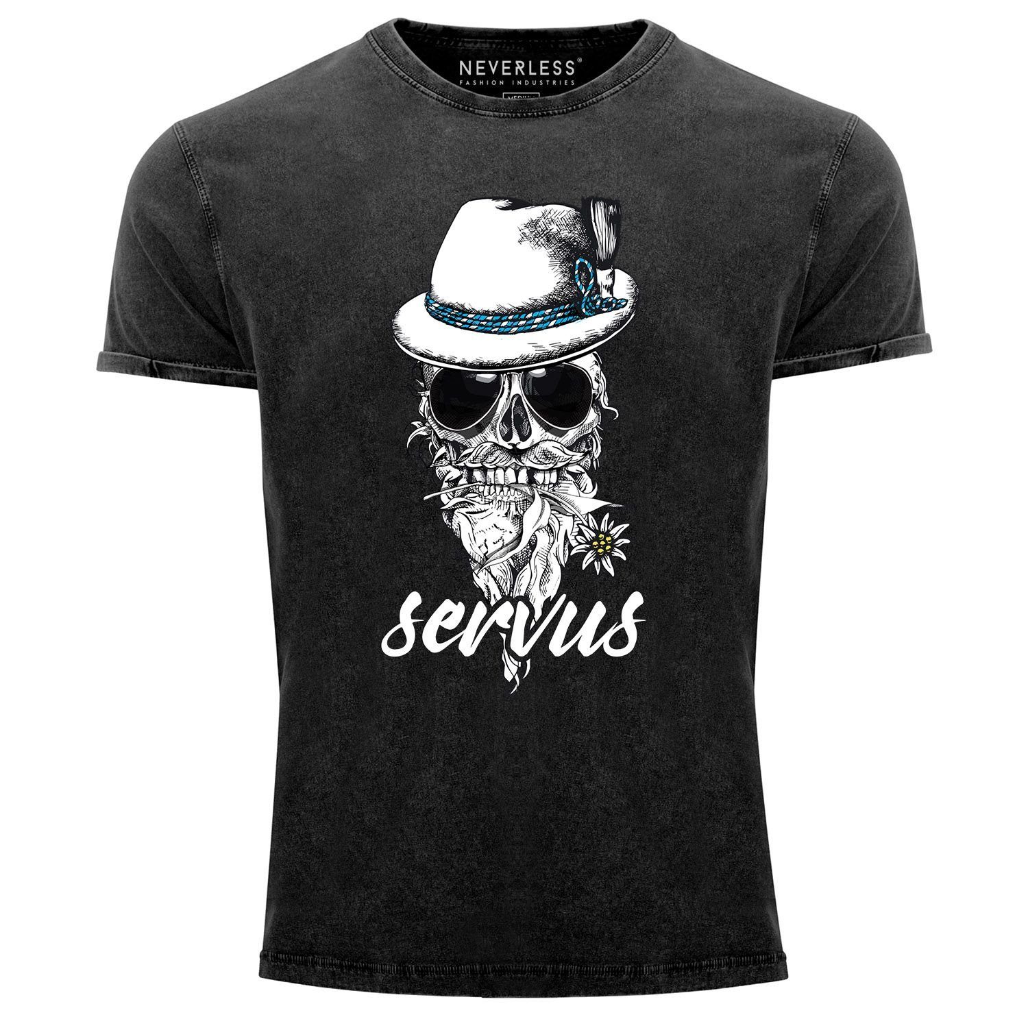 Aufdruck T-Shirt Cooles, Print Neverless® Servus schwarz Slim lustiges mit Neverless Used Fit Totenkopf Print-Shirt Skull Angesagtes Look Herren Shirt Vintage