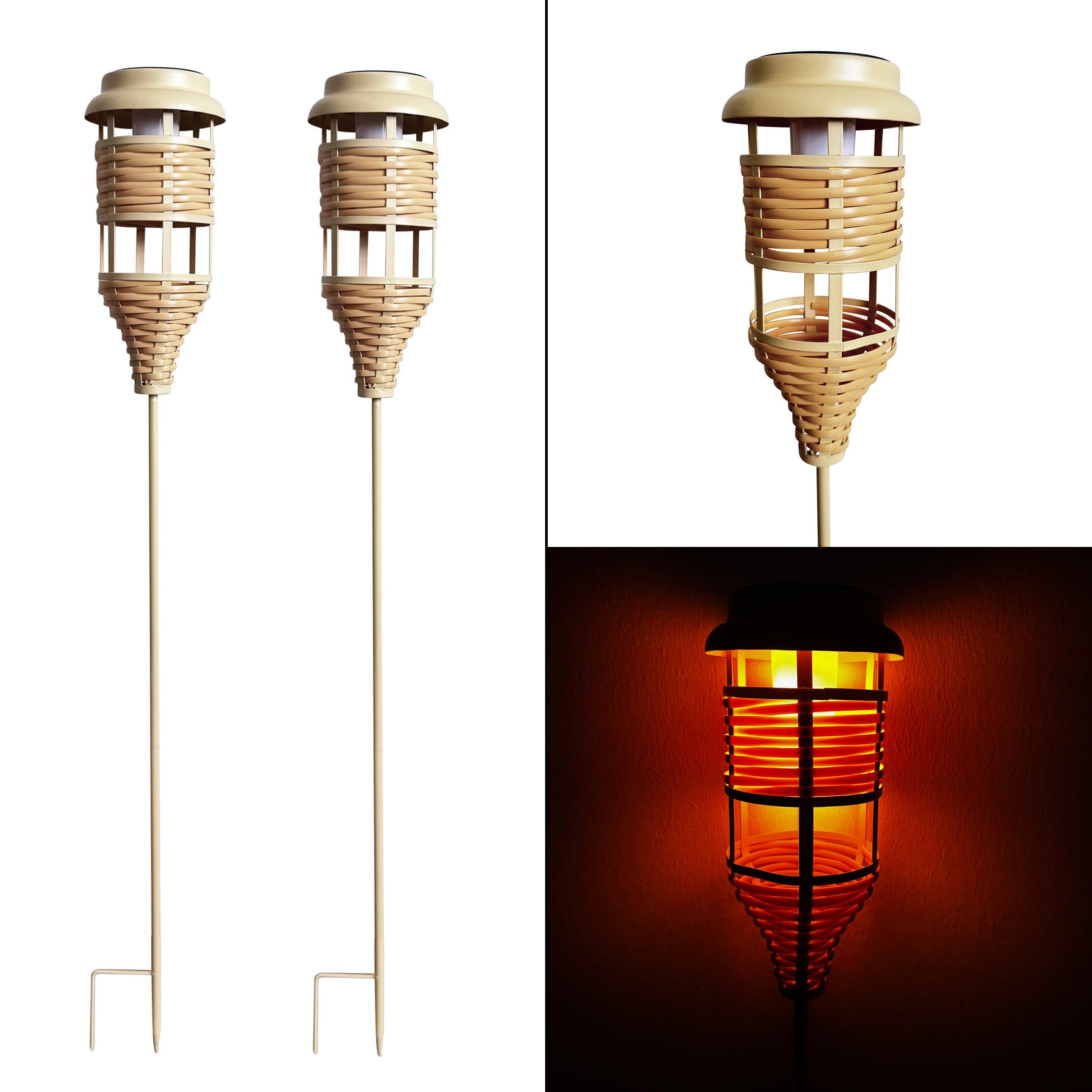 Online-Fuchs Gartenstecker - 2 Gartenfackeln mit LED-Solarbeleuchtung - Outdoor, Boho Stil (LEDs simulieren ein flackerndes Feuer, 90 cm groß) Dekoration für Garten, Terrasse und Balkon