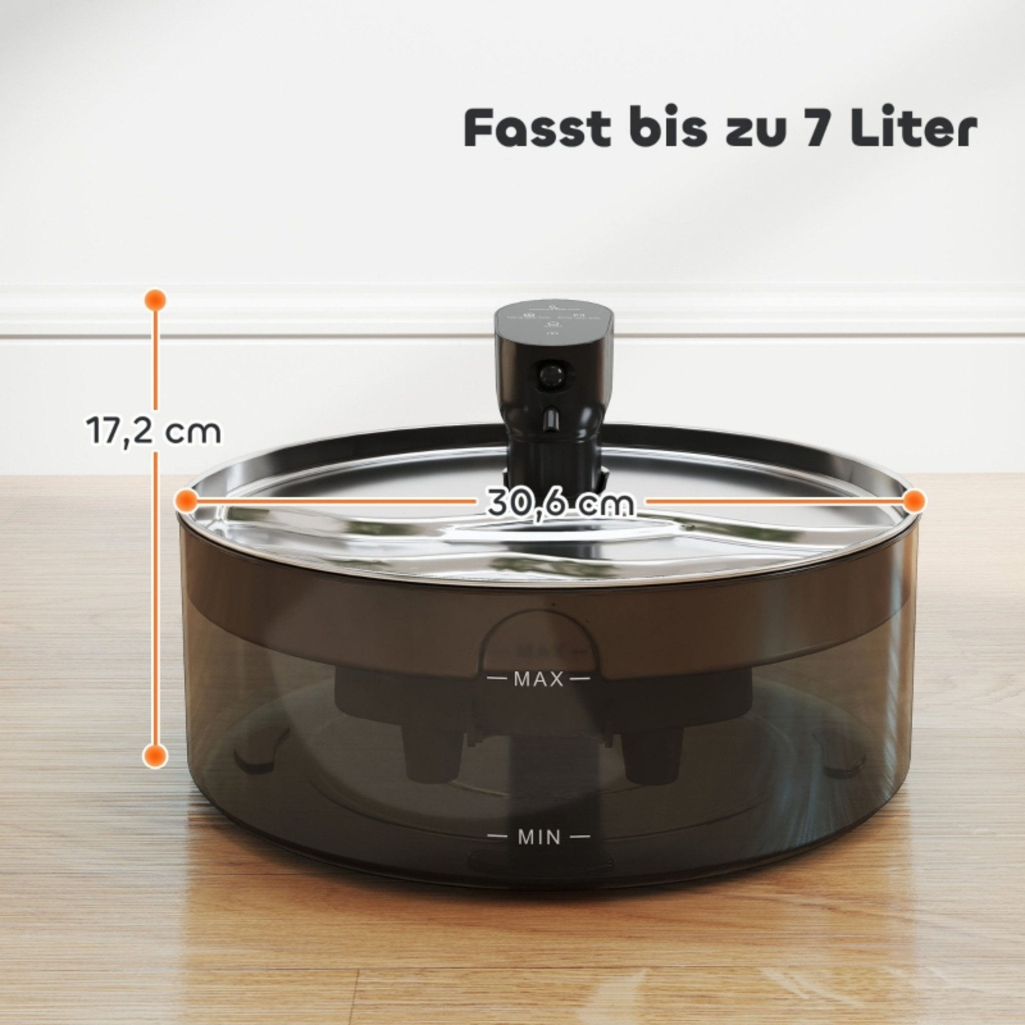 Blossom Trinkbrunnen Katzenbrunnen 7 L mit Edelstahl-Oberfläche, leise Pumpe, kabellos 7 l, Trinkbrunnen für Katzen Hunde Aktivkohlefilter LED-Wasserstandsanzeige
