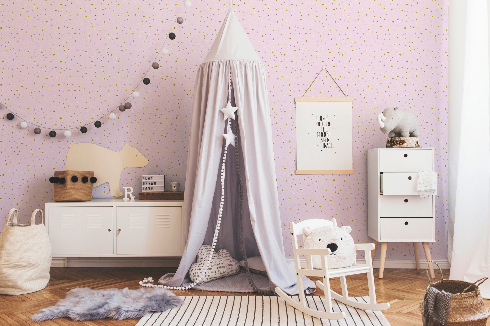 A.S. Création living Kinderzimmer gepunktet, Vliestapete Metallic Stars, Punkte rosa/braun Little walls Tapete glatt