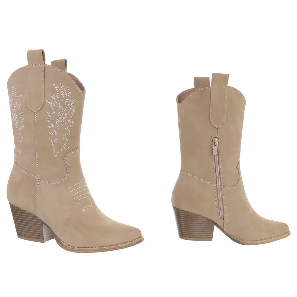 Ital-Design Elegante Damen Stiefel mit Stickerei für Alltag und Freizeit Westernstiefelette (90482739) Blockabsatz Stiefeletten in Hellbraun
