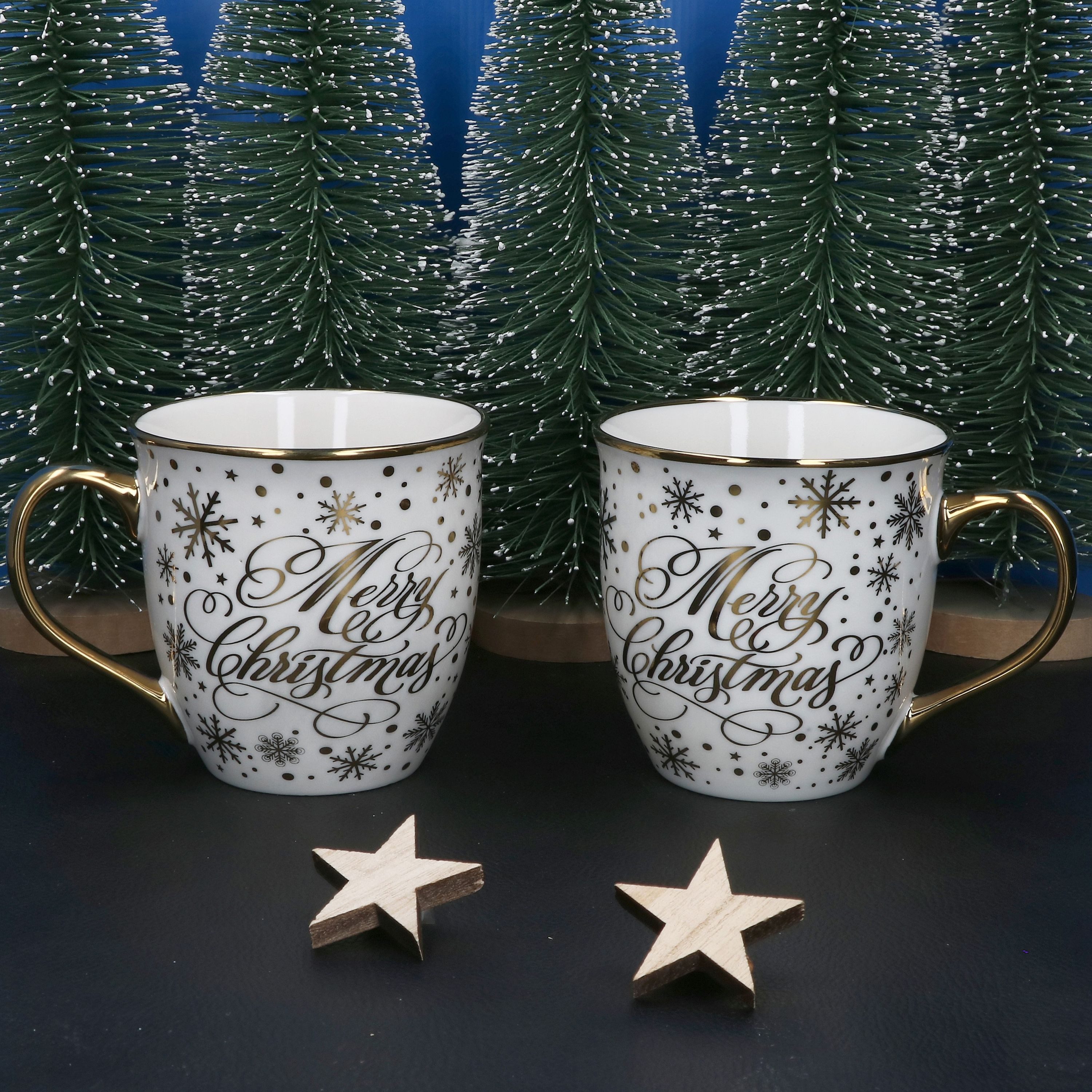 MamboCat Becher MamboCat 2er Set Jumbobecher Merry Christmas Goldrand Teebecher Kaffee, Porzellan