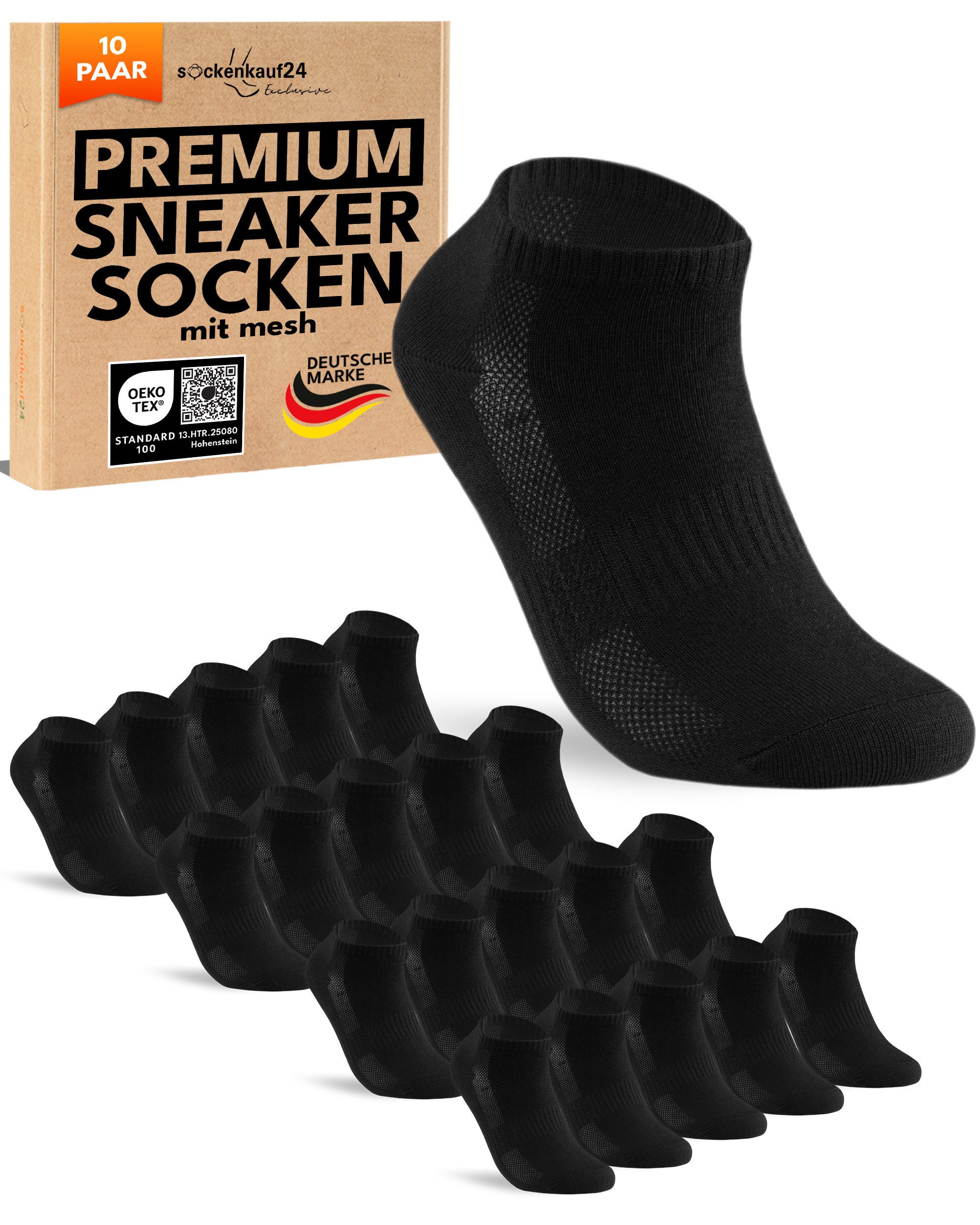 sockenkauf24 Sneakersocken 10 Paar Sneaker Socken Herren Damen Sportsocken Baumwolle (10-Paar) Atmungsaktiv mit Mesh-Streifen