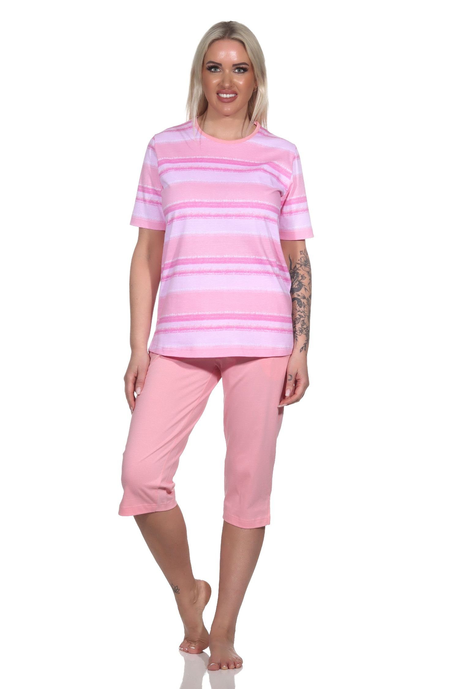 Normann Pyjama Damen Capri Schlafanzug kurzarm Pyjama im farbenfrohen Streifen Look rosa