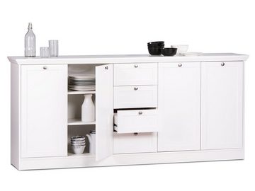 möbelando Sideboard Landsted, Schlichtes Sideboard mit 4 Rahmentüren, 4 Schubkästen und 4 Einlegeböden. Breite 200 cm, Höhe 90 cm, Tiefe 40 cm