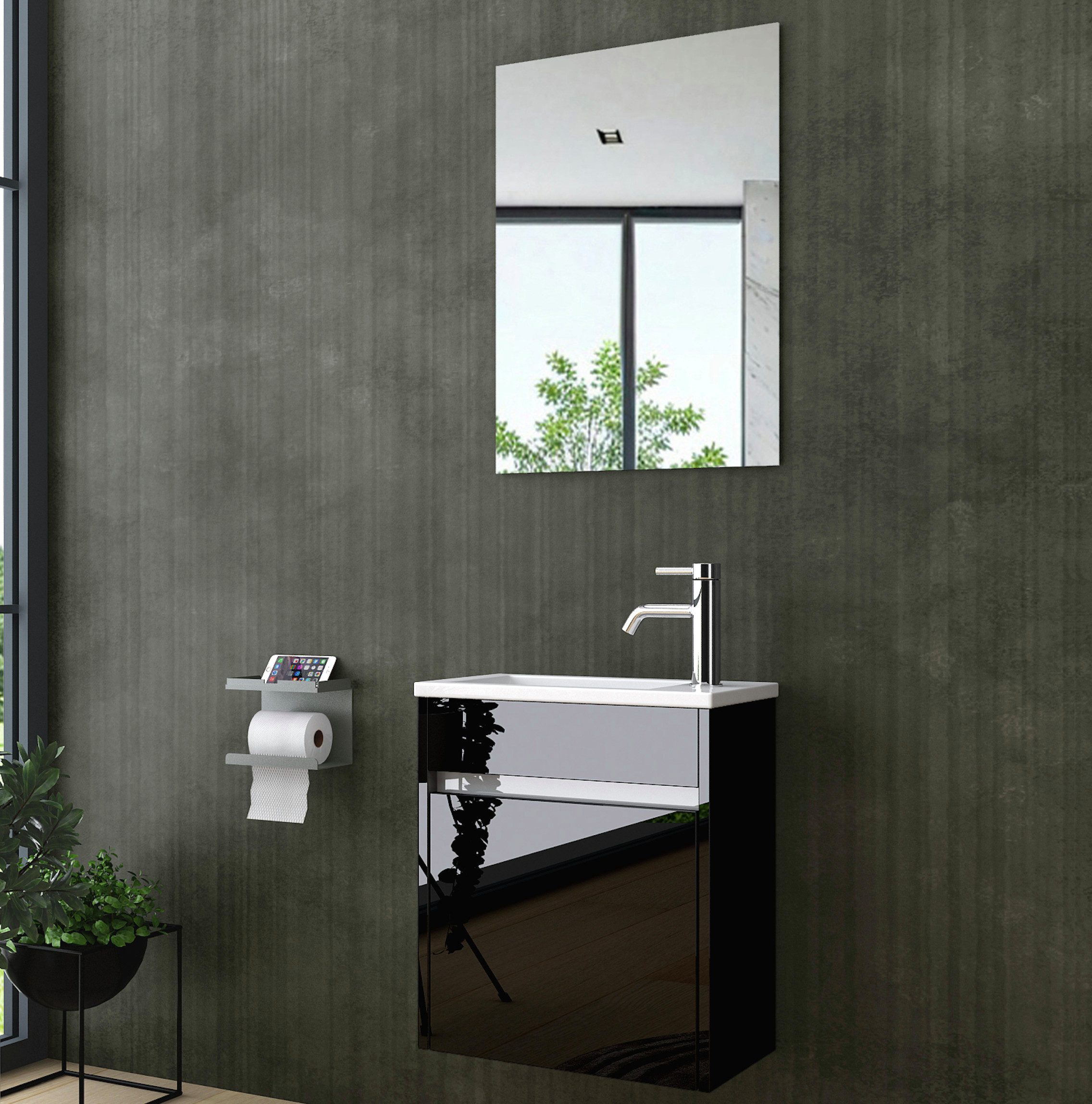 Homeline Badmöbel-Set Zamora Badmöbel-Set Badmöbel set Schwarz Hochglanz Badezimmer Möbel, (Bad Möbelsetangebot, 3-St., Badezimmer Möbel)