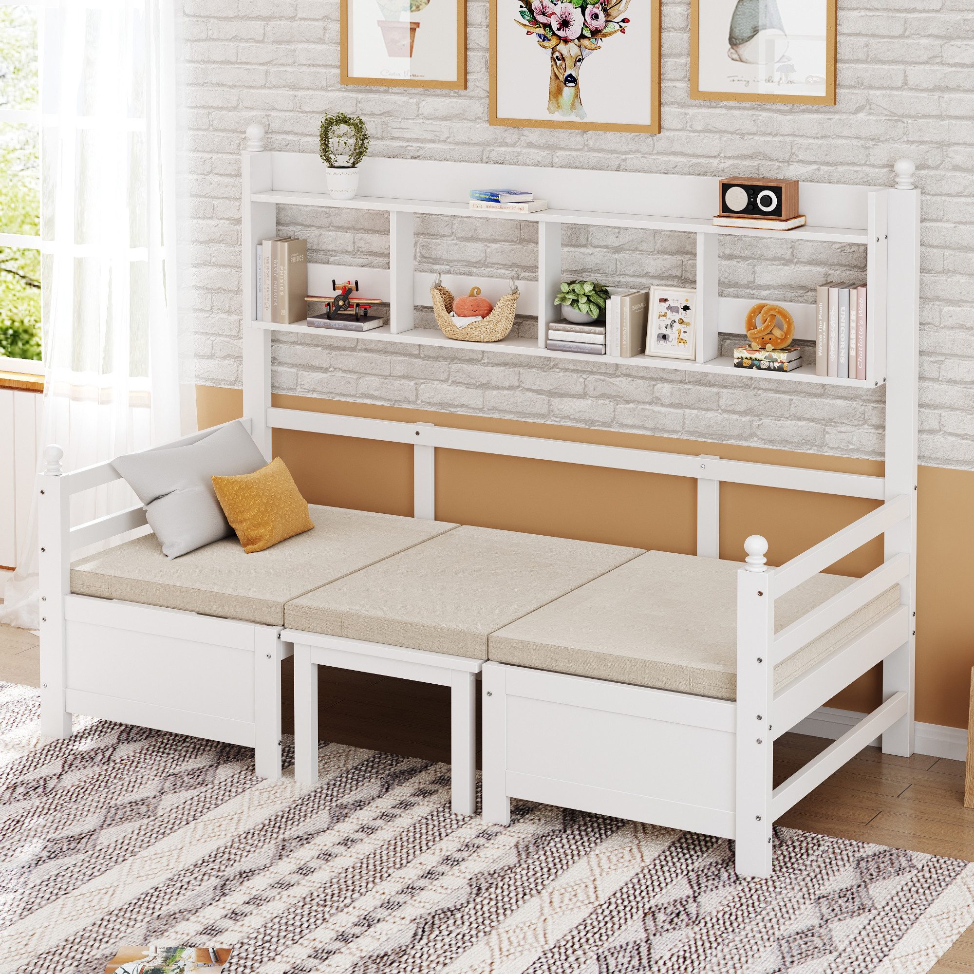 OKWISH Schlafsofa Kinderbett Einzelbett Holzbett, Schubladen und Regale, 2-in-1 Bett und Schreibtisch mit Ablagefächern, Platzsparendes Design für Wohnungen & Home Office, Mit Komfortpolsterung, Matratze