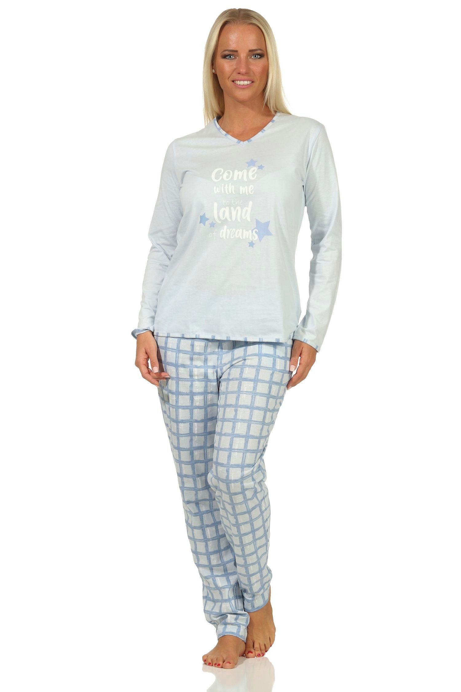 Normann Pyjama Damen Schlafanzug mit karierter Jersey Hose - auch in Übergrößen