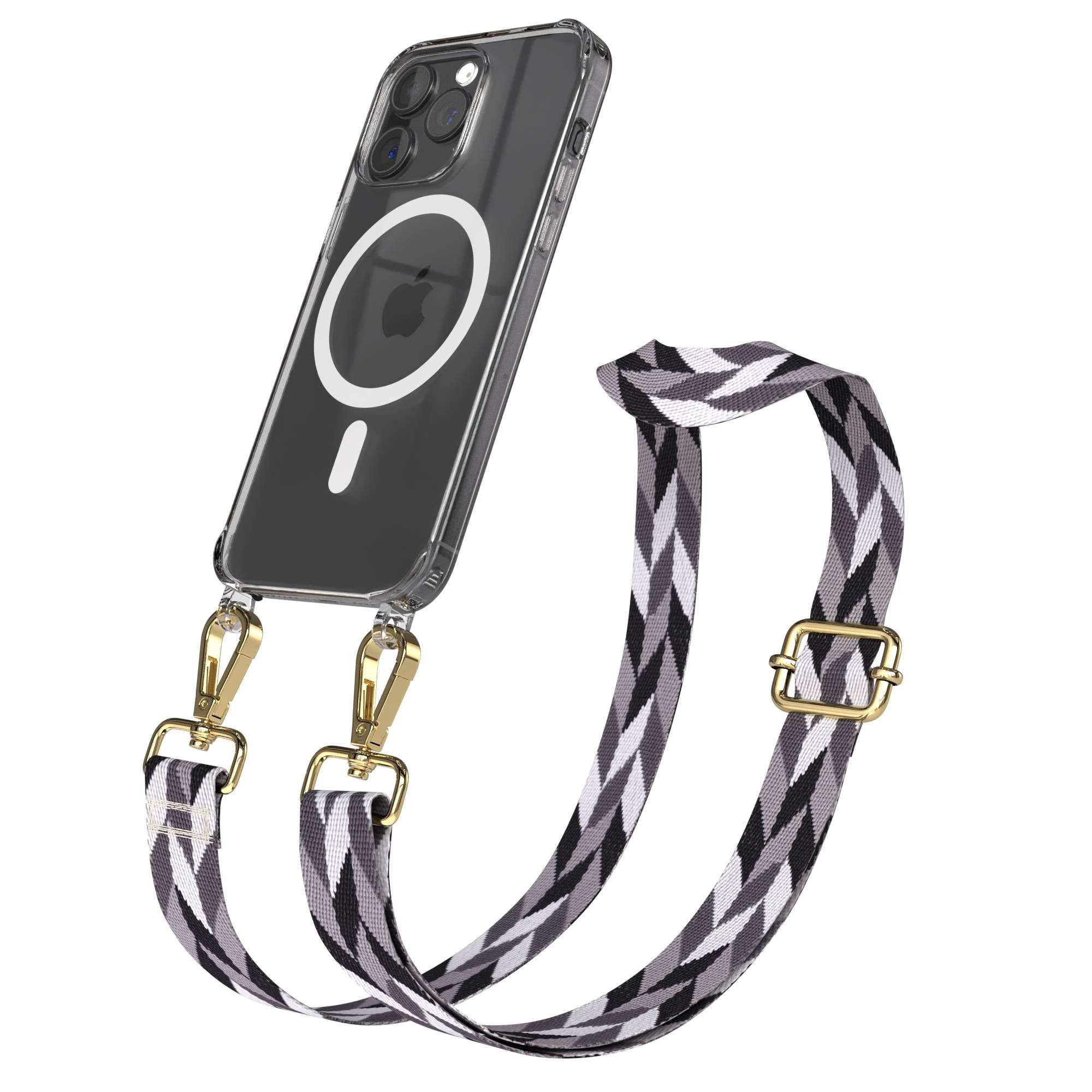 EAZY CASE Handykette Umhängeband MagSafe Hülle für Apple iPhone 15 Pro Max 6,7 Zoll, Handy Necklace MagSafe Hülle mit langem Band Mix Grau Schwarz