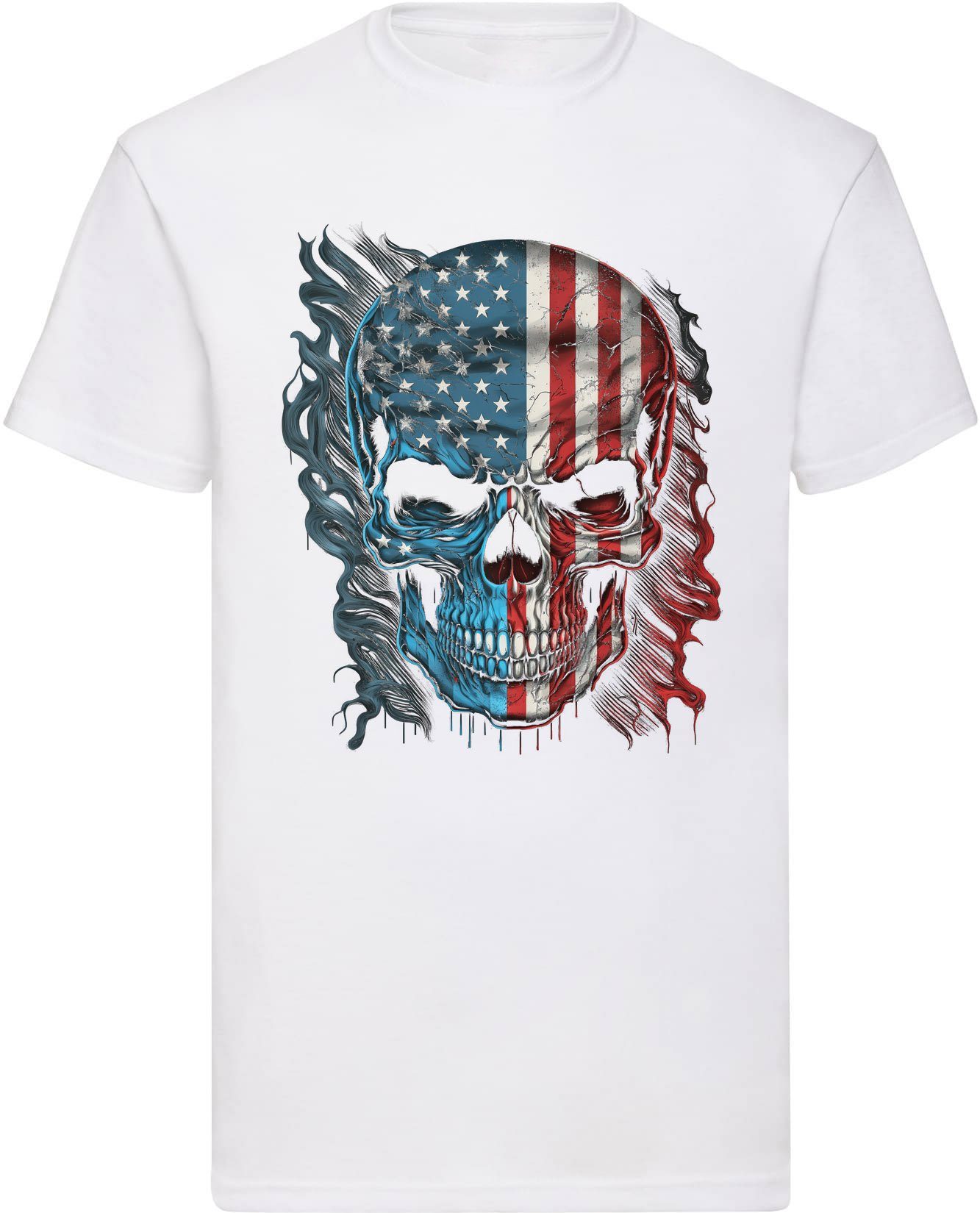 mit Baumwolle, Baumwolle Print, Druck Rundhals USA und Herren 100% (39) Totenkopf 100% T-Shirt Banco Weiß